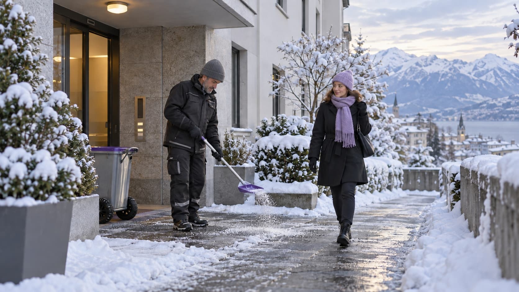 Devant un immeuble enneigé, un concierge répand du sel sur le trottoir tandis qu’une passante emprunte le passage dégagé.