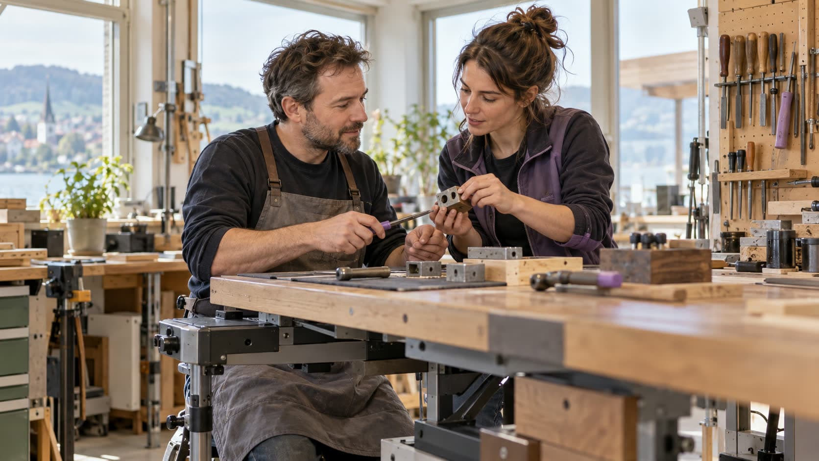 Un homme d’une quarantaine d’années travaille à un poste adapté dans un atelier lumineux, aux côtés d’une collègue