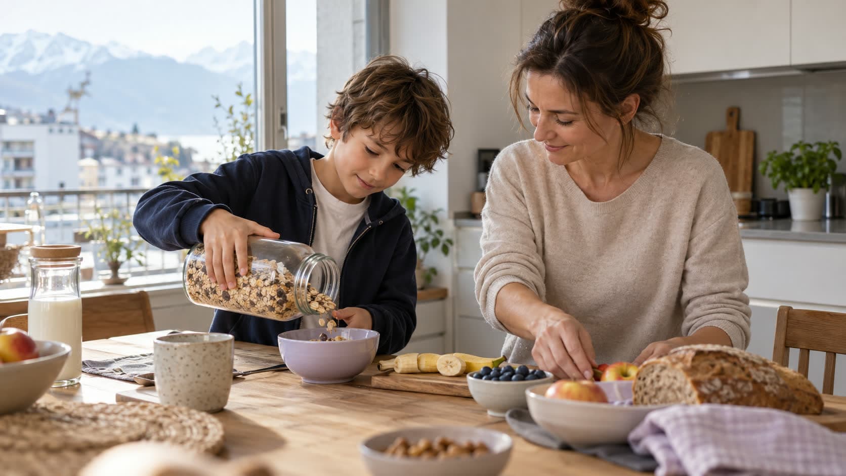 Une mère et son fils préparent le petit-déjeuner dans une cuisine lumineuse, en versant des céréales et en disposant des fruits