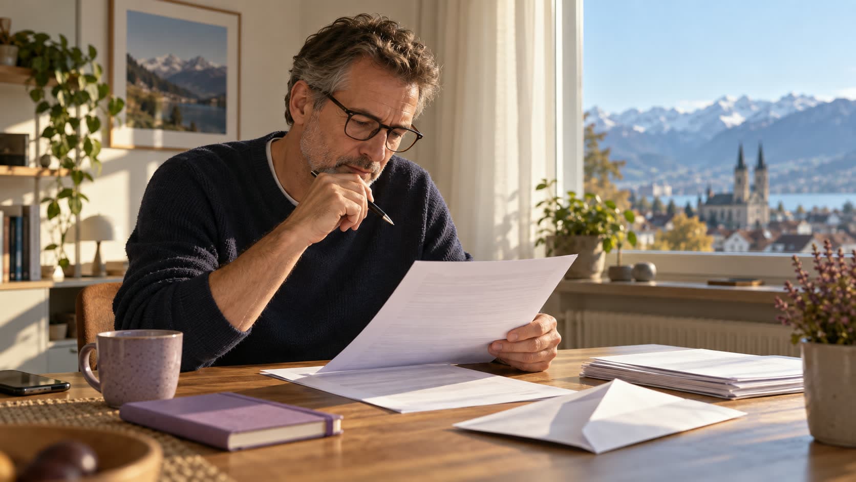 Un homme relit un contrat à son bureau, un stylo à la main, près d’une enveloppe ouverte et d’une pile de documents