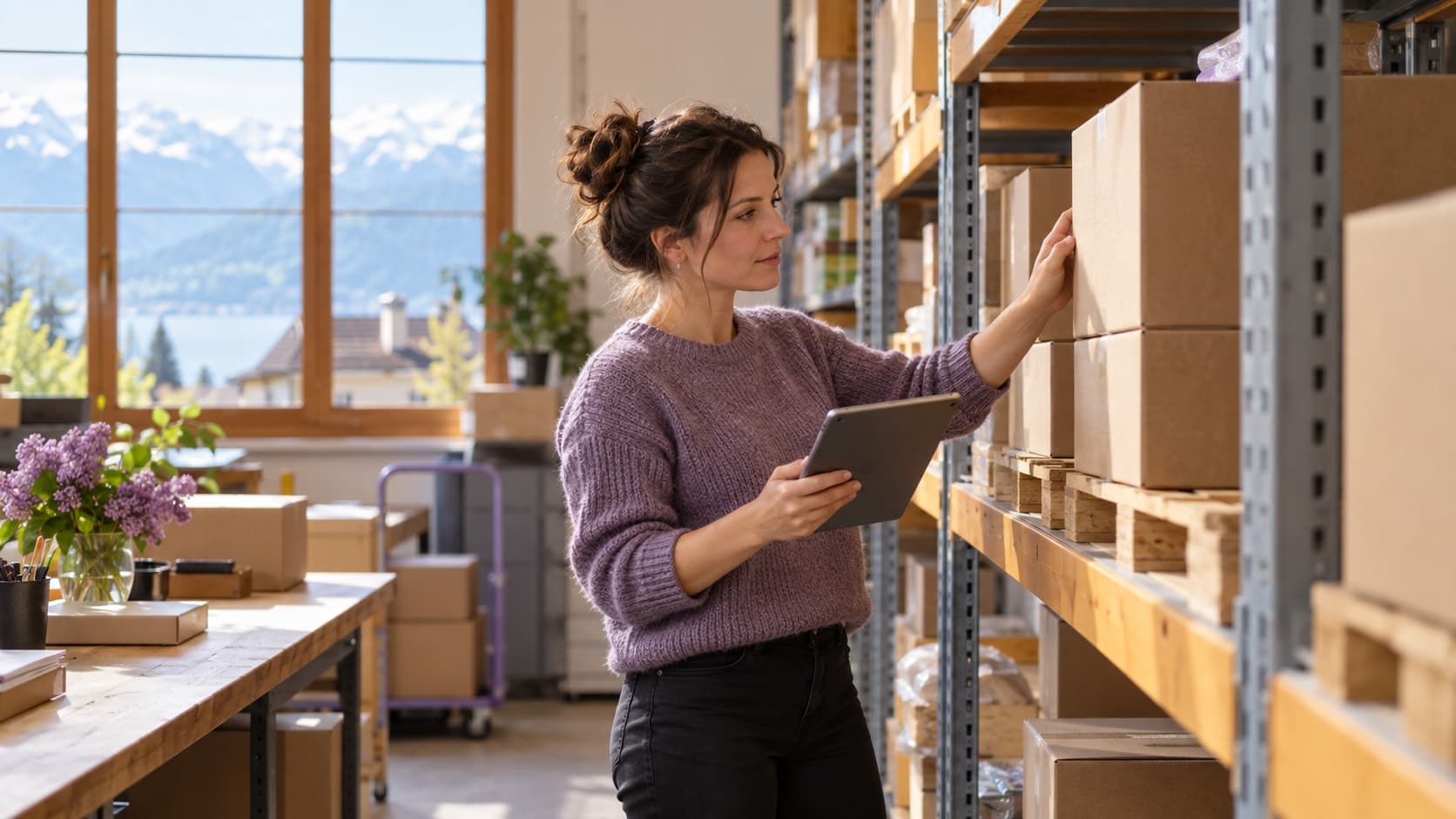 Dans un petit entrepôt, une responsable contrôle des cartons sur une étagère, une tablette à la main.