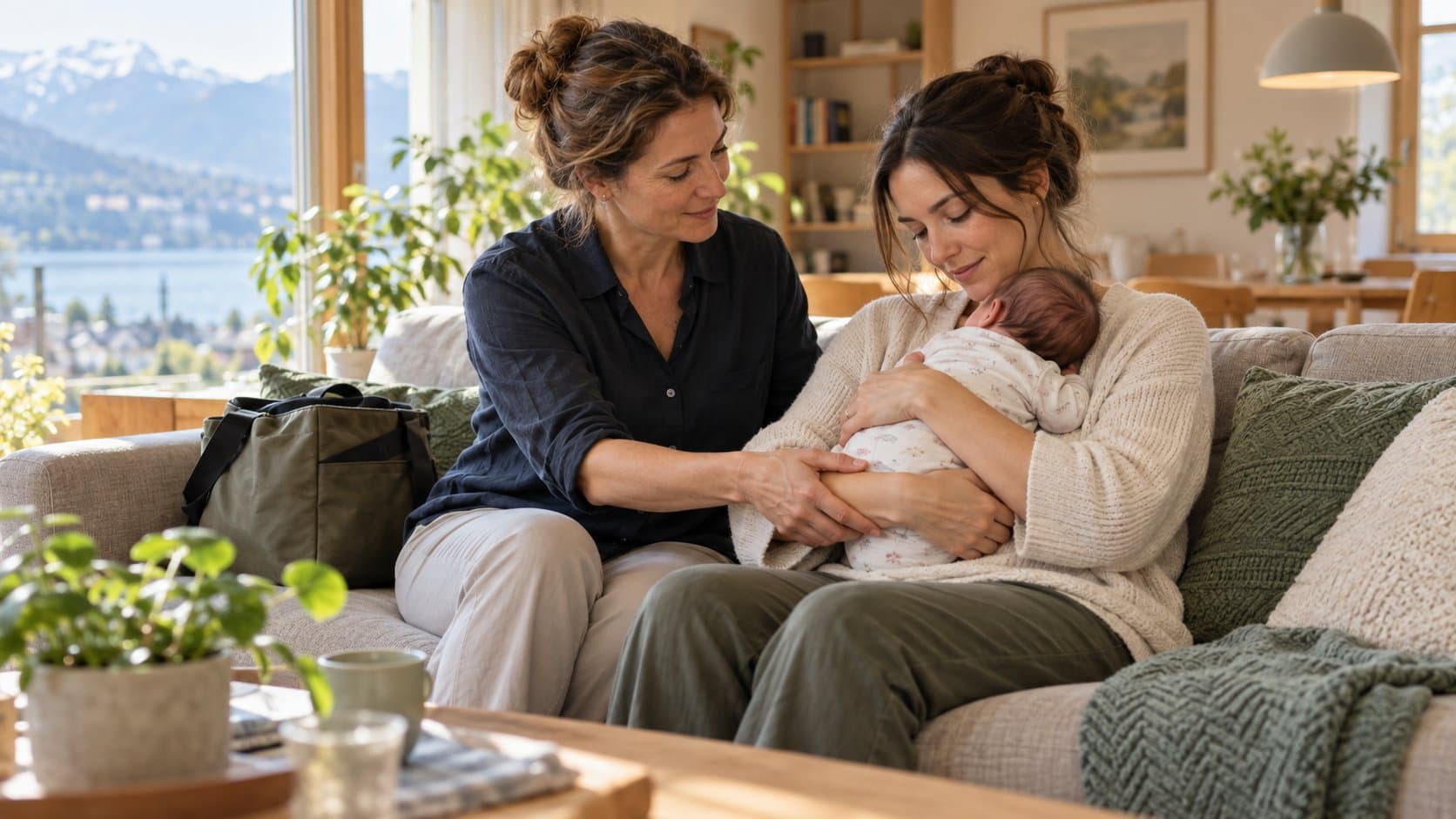 Dans un salon lumineux avec vue sur le lac, une sage-femme guide une jeune mère qui tient son nouveau-né contre elle sur le canapé