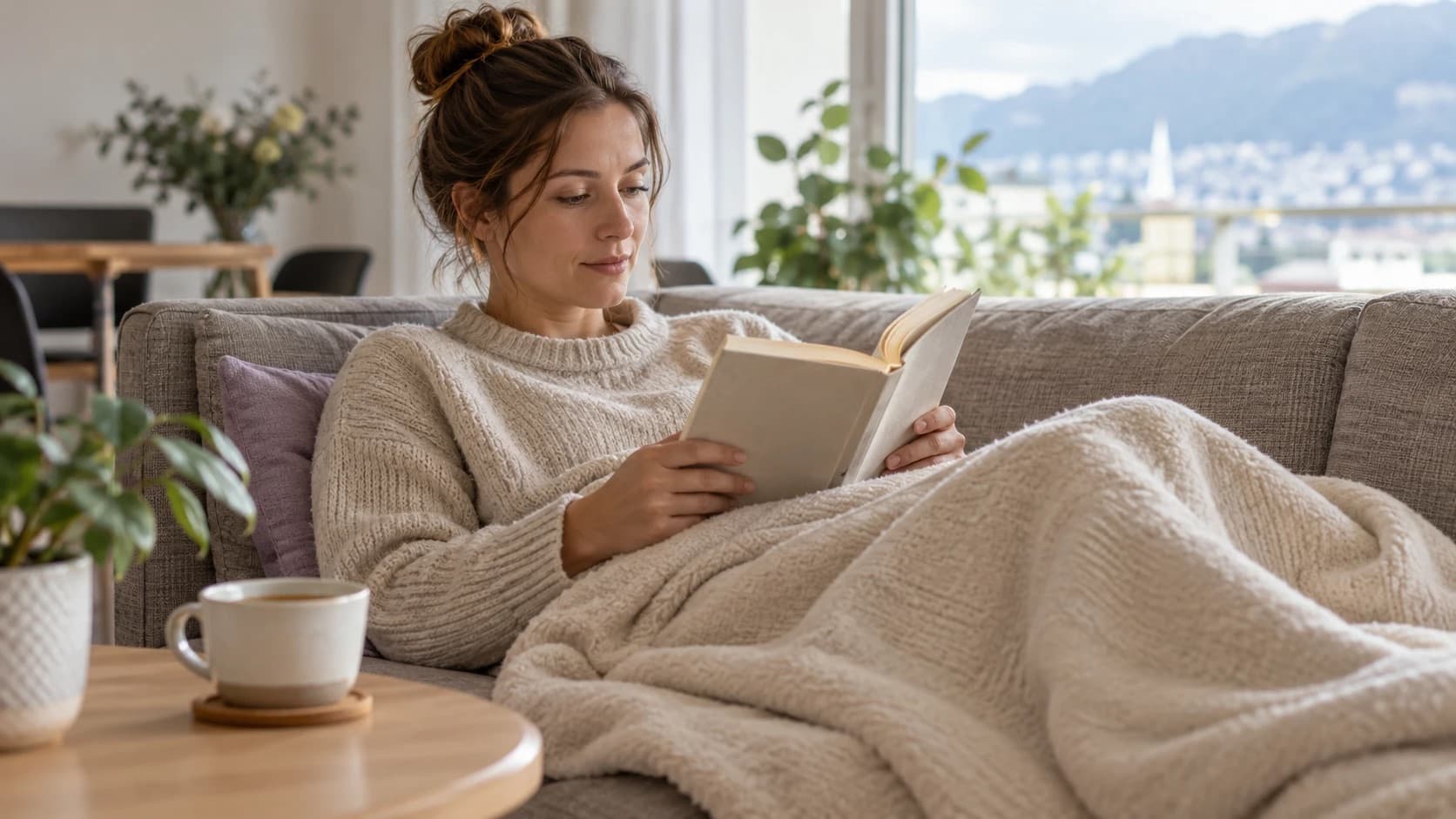 Une femme lit sur son canapé sous un plaid, une tasse posée sur la table basse