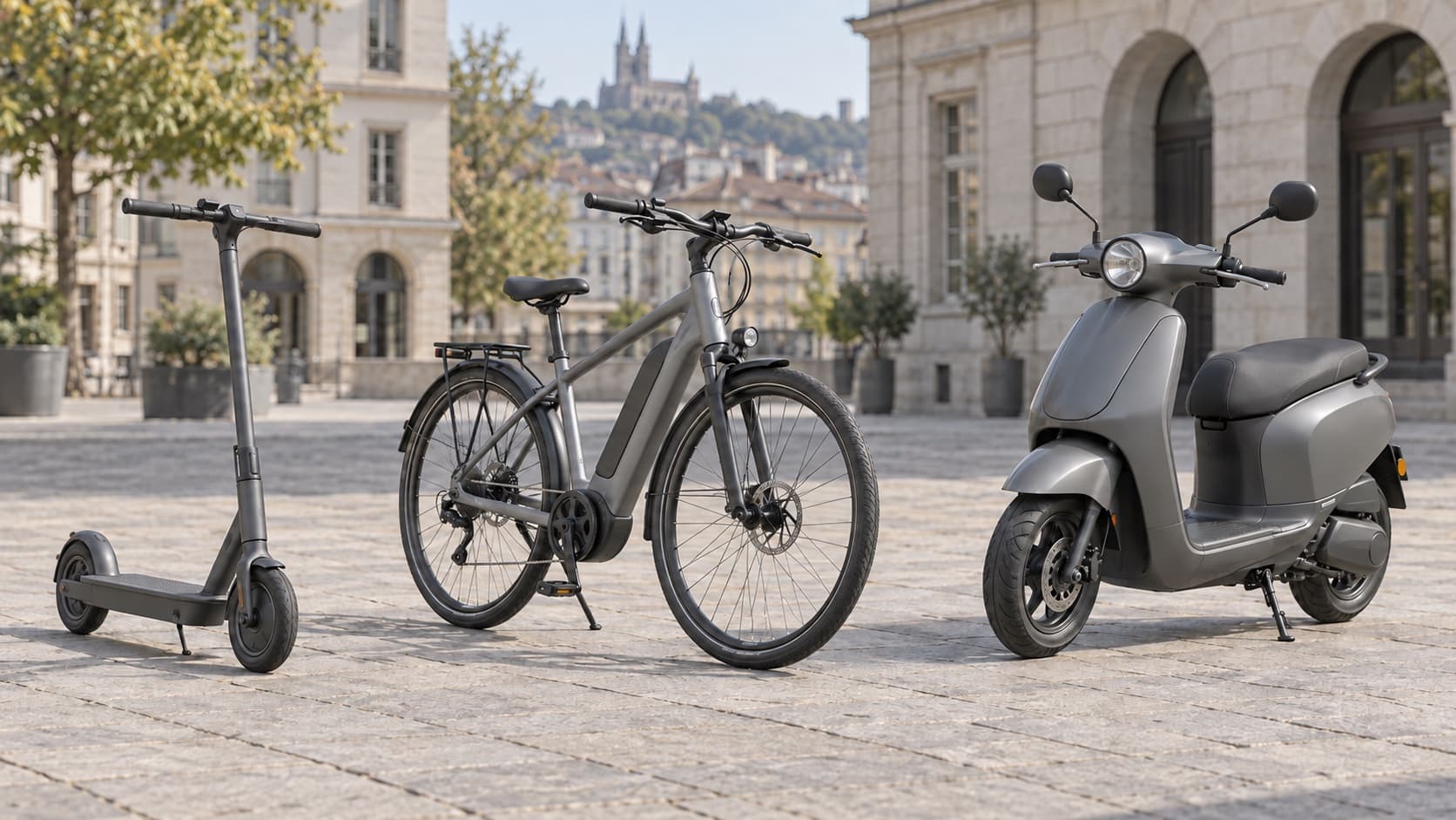 Une trottinette électrique, un vélo électrique et un scooter garés côte à côte sur une place en ville