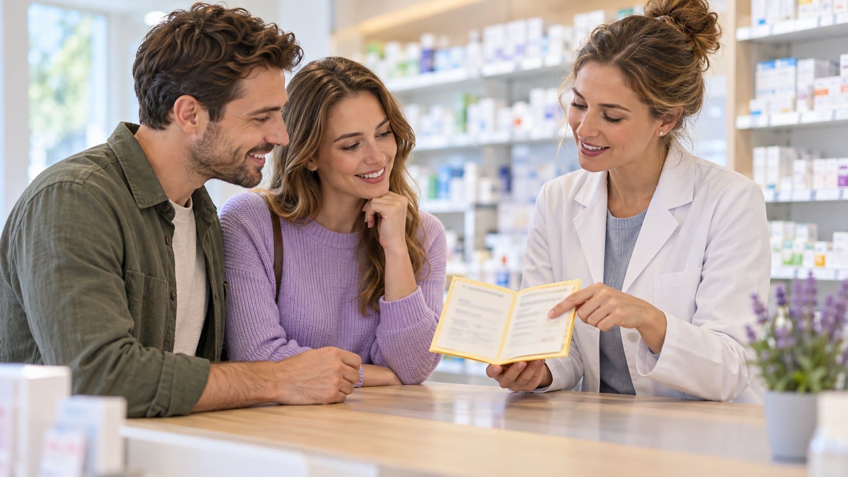 Au comptoir d’une pharmacie, une pharmacienne montre un carnet de vaccination ouvert à un jeune couple souriant
