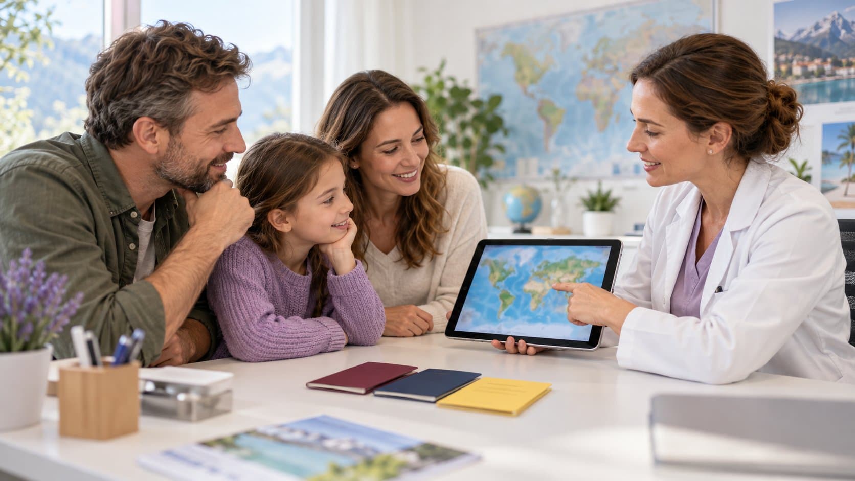 Une médecin montre une carte du monde sur une tablette à une famille avec sa fille, passeports et carnet de vaccination posés sur le bureau