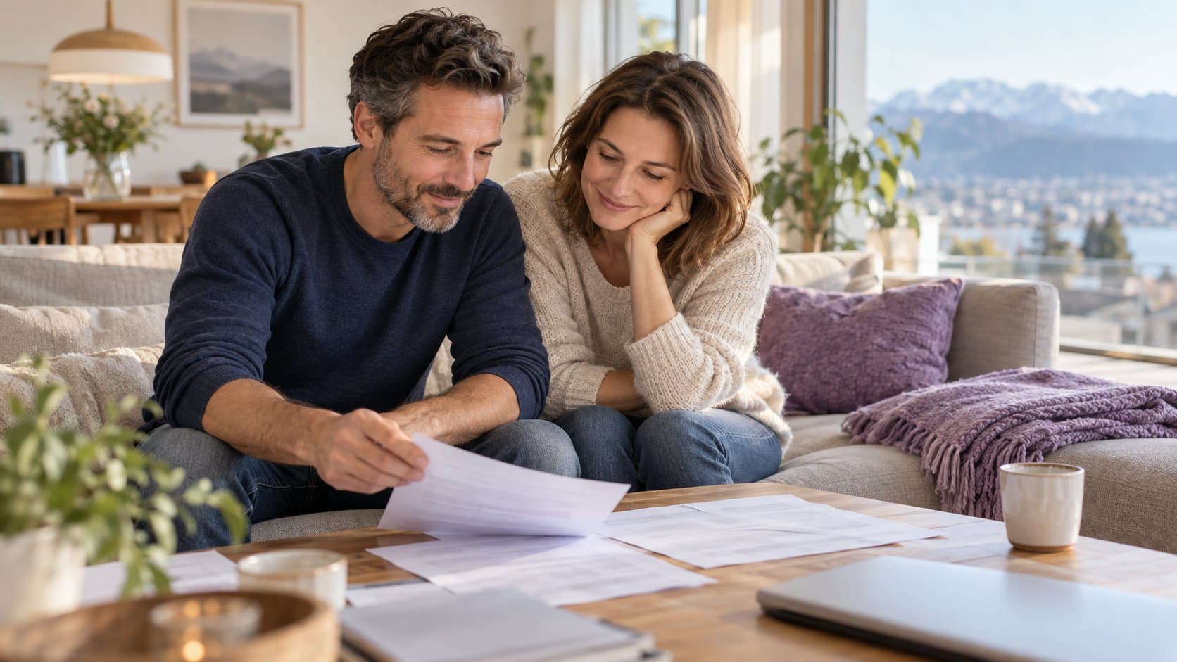 Un couple assis sur un canapé consulte ensemble des documents posés sur la table basse
