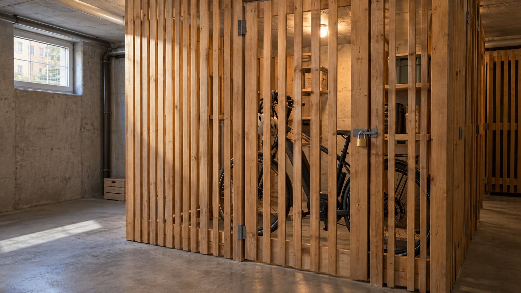 Un vélo électrique rangé dans une cave d’immeuble, la porte à claire-voie fermée par un cadenas