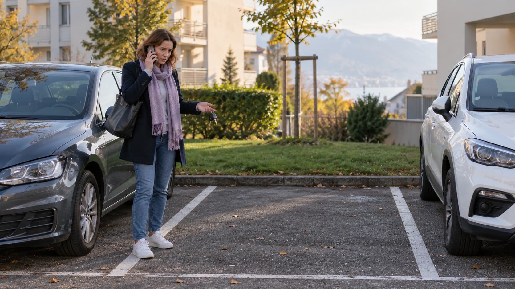 Une femme à l’air inquiet téléphone, ses clés à la main, devant une place vide entre deux voitures dans un parking résidentiel.