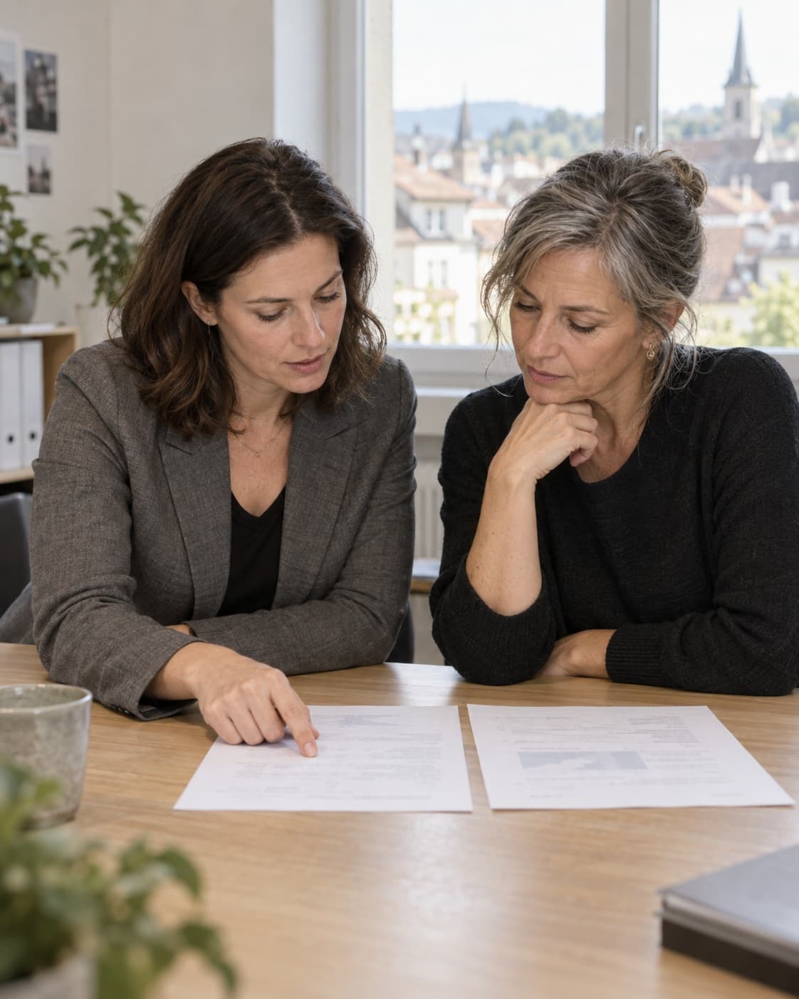 Deux associées comparent des documents à une table de réunion, une fenêtre donnant sur des toits derrière elles.