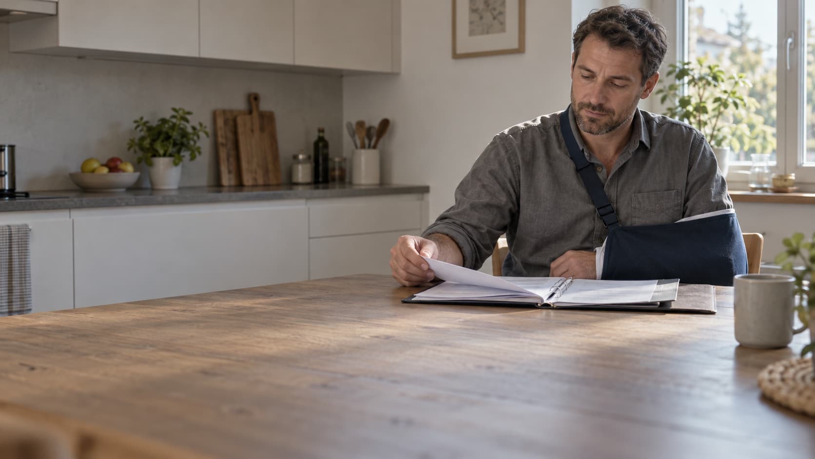 Un homme en tenue de travail, le bras dans une attelle, assis à la table de sa cuisine avec un dossier ouvert devant lui.