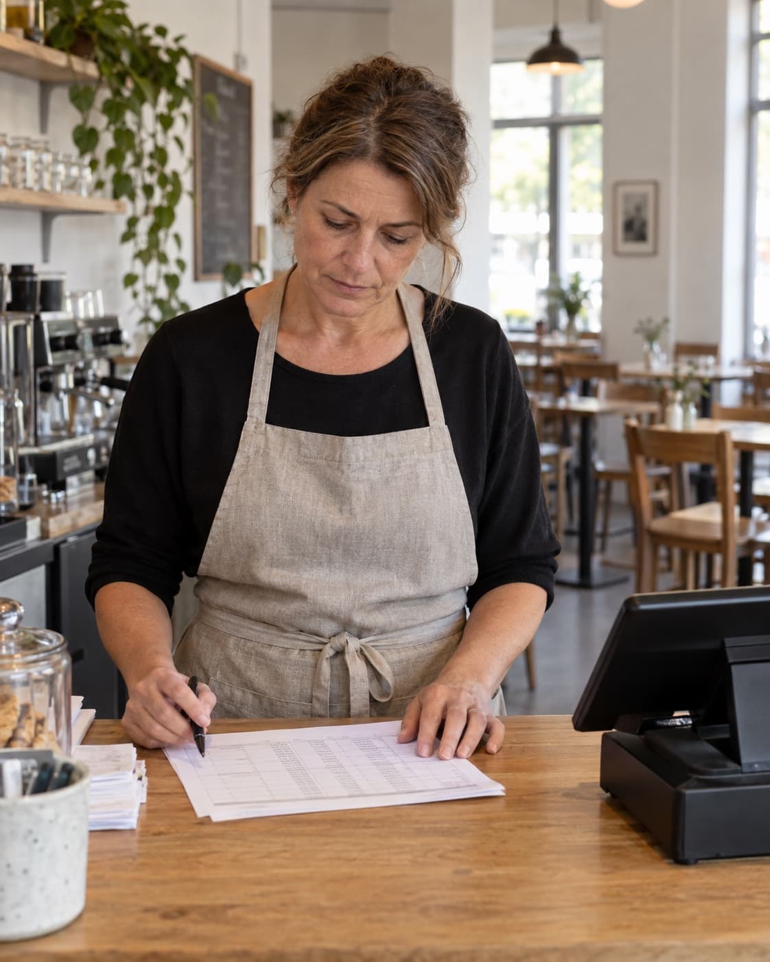 Une gérante de café calcule à la caisse, un décompte de salaires posé sur le comptoir, la salle vide derrière elle.