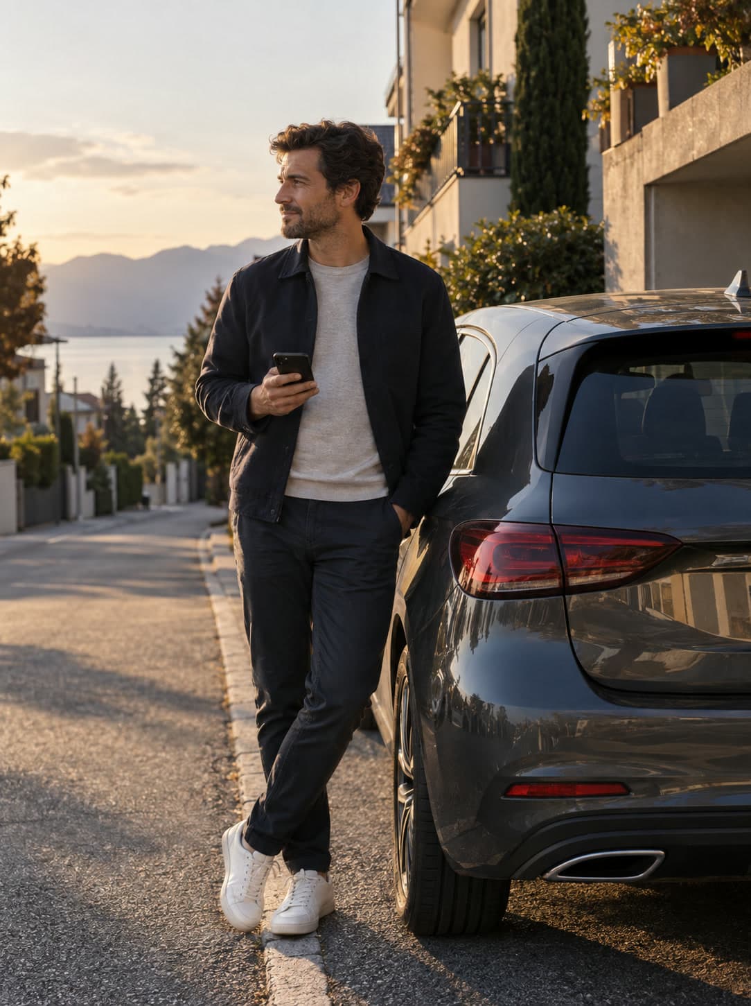 Homme debout près d’une voiture garée, téléphone à la main, dans une rue résidentielle