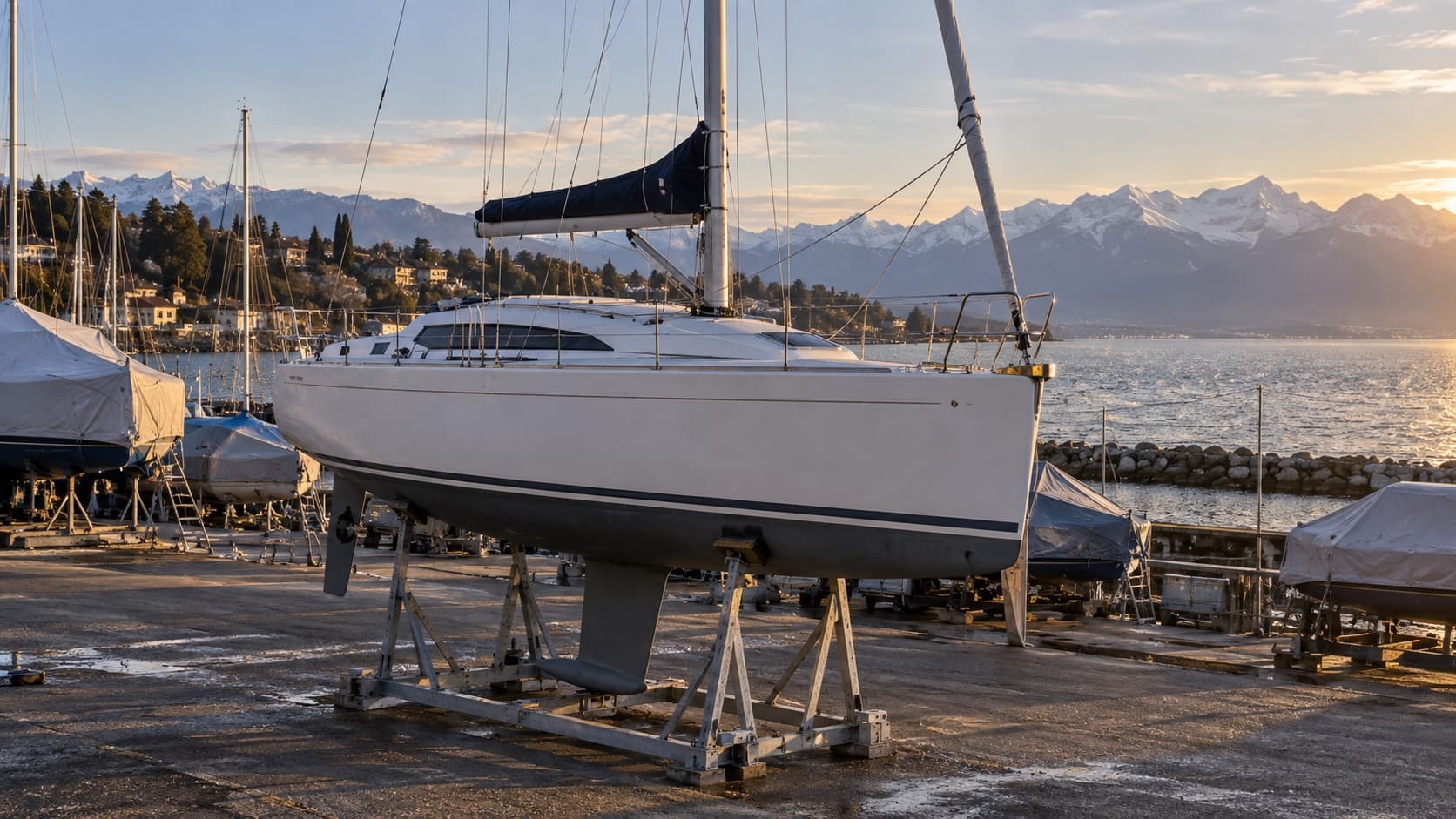 Voilier sorti de l’eau sur son ber dans un chantier naval, coque nettoyée