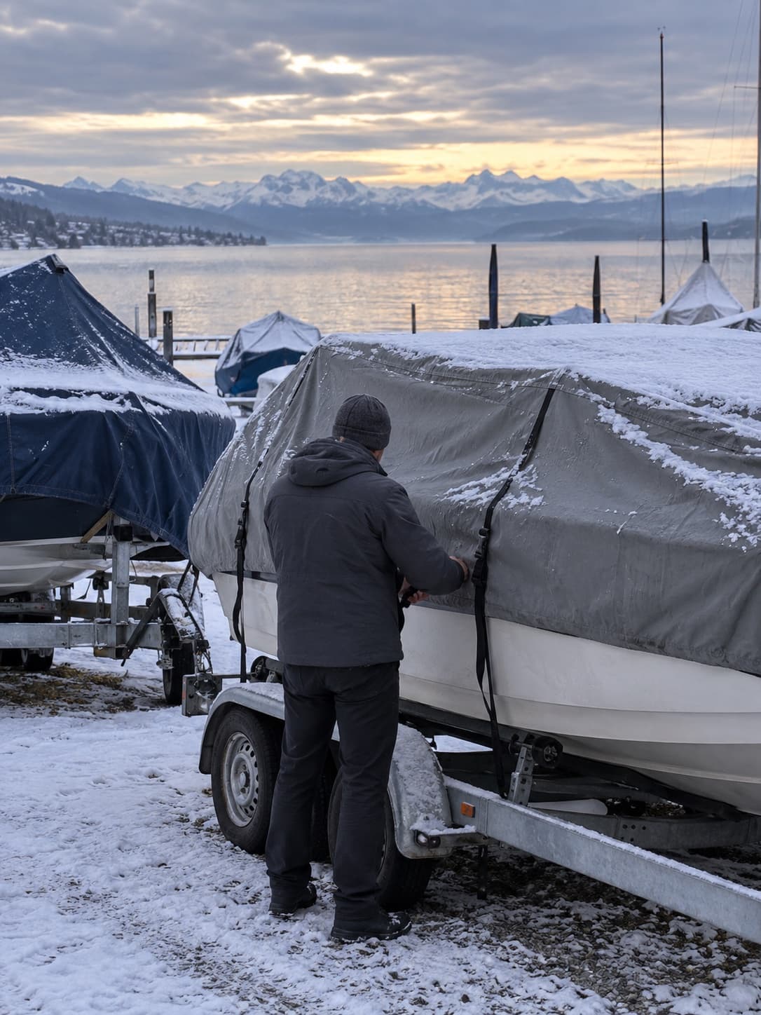 Bateaux bâchés sur leurs remorques dans un chantier naval en hiver