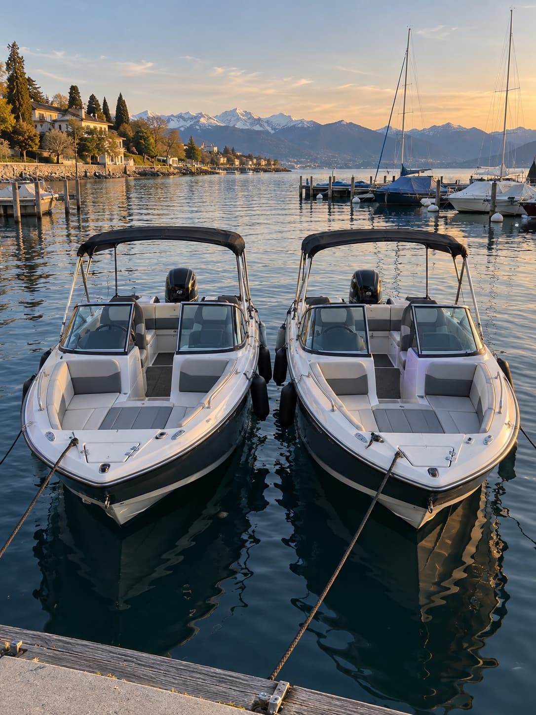 Deux bateaux à moteur semblables amarrés côte à côte dans un port de plaisance