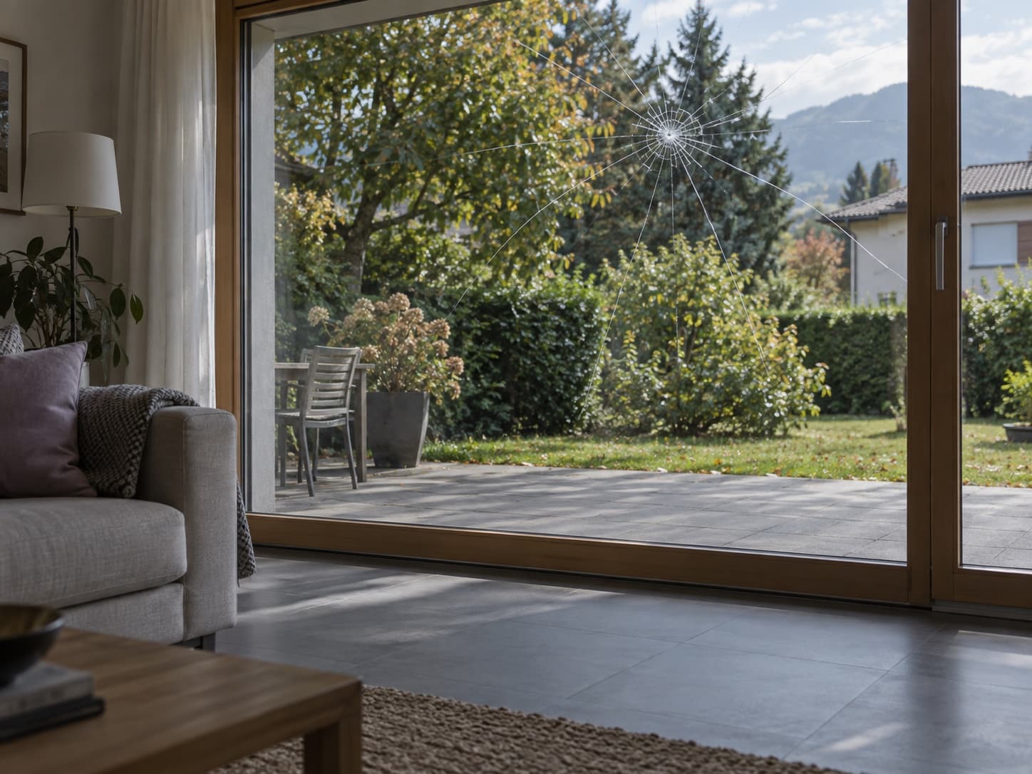 Une grande baie vitrée fissurée en étoile, vue depuis un séjour avec un canapé, donne sur une terrasse et un jardin.