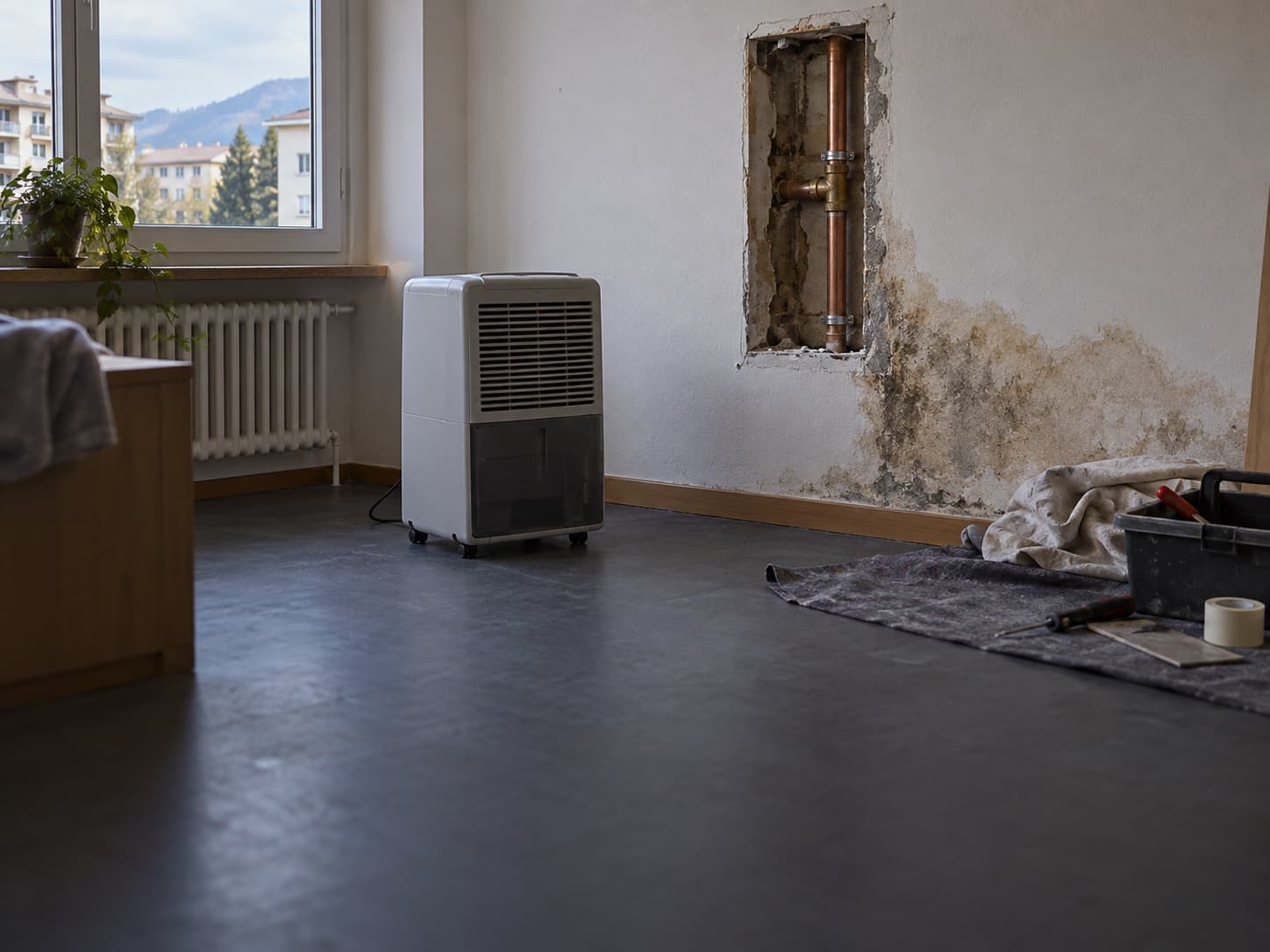 Un mur ouvert laisse voir une conduite en cuivre, avec des traces d’humidité au-dessus de la plinthe, un déshumidificateur et des outils au sol.