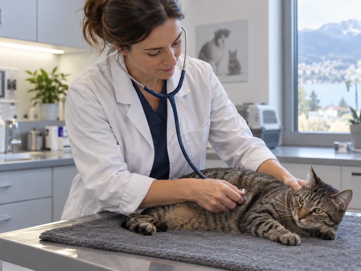 Une vétérinaire ausculte un chat tigré allongé sur une table de consultation