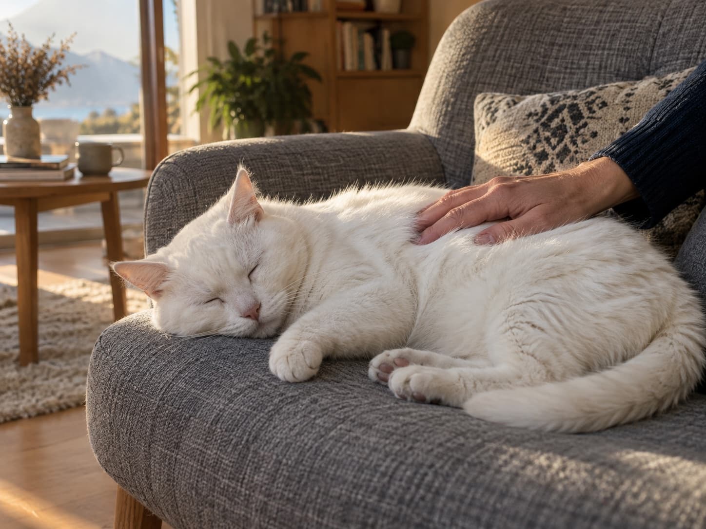 Un vieux chat blanc dort sur un fauteuil, une main posée sur son flanc