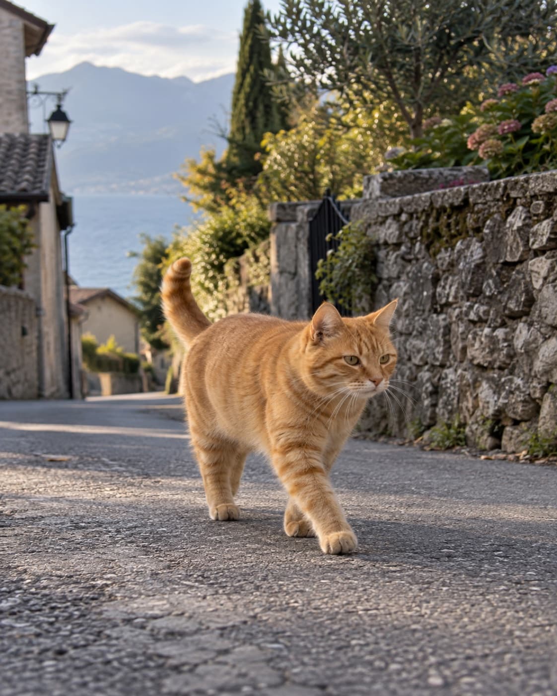 Un chat roux traverse une rue de village, un muret et un jardin derrière lui
