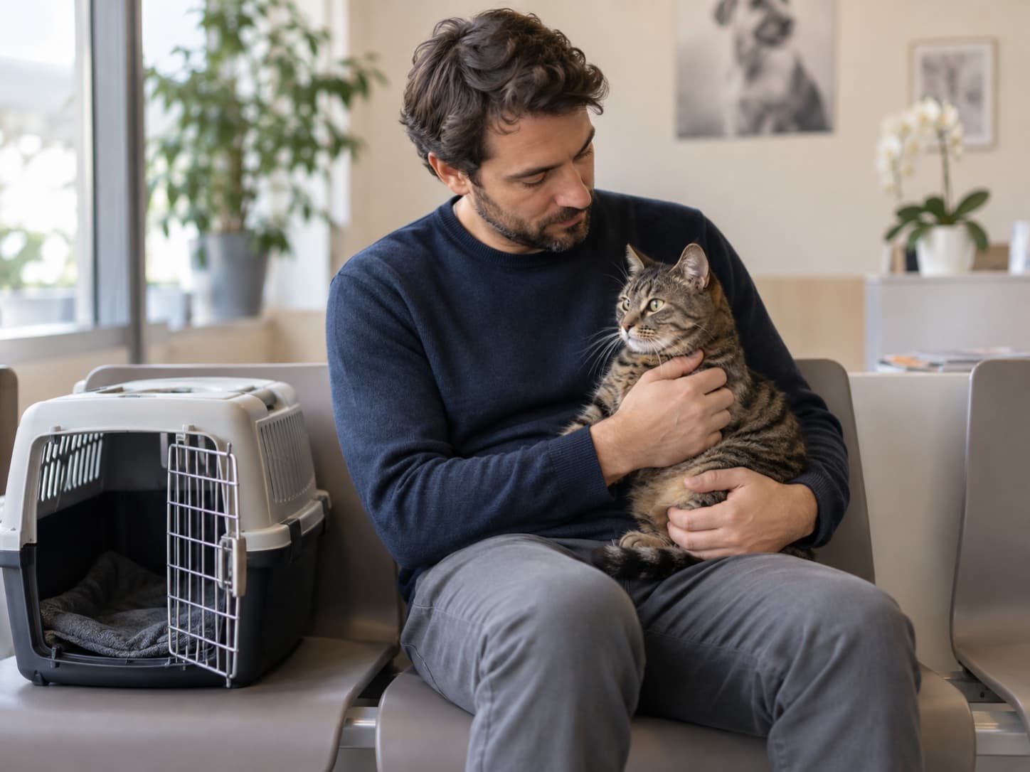 Un homme tient son chat contre lui dans la salle d’attente d’un cabinet vétérinaire