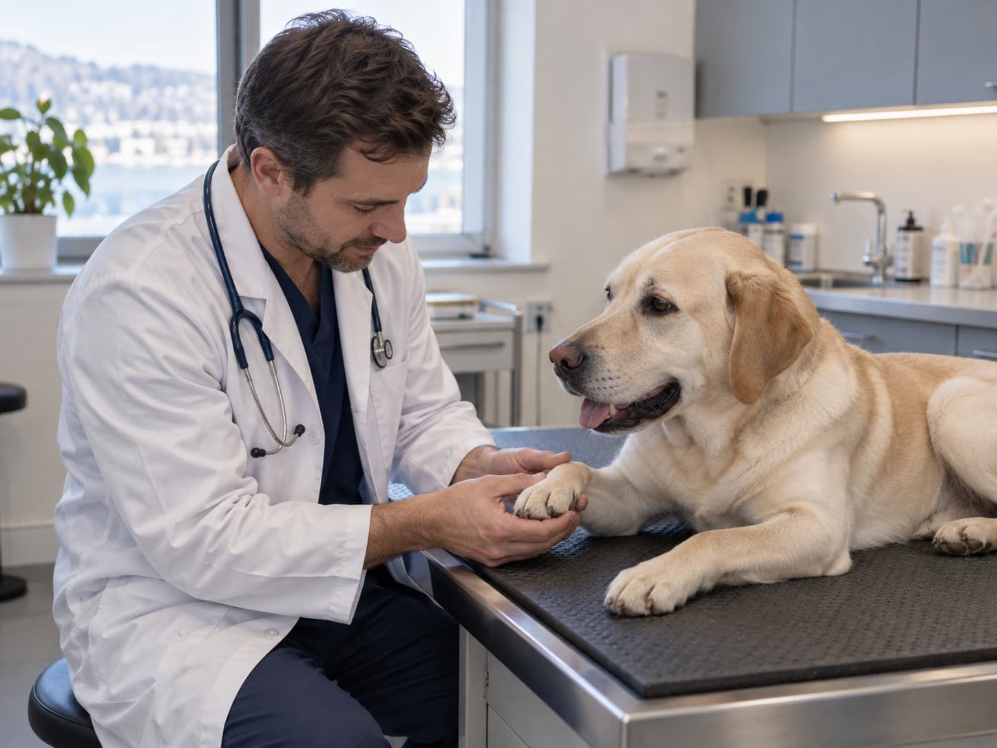 Un vétérinaire examine la patte avant d’un chien allongé sur une table de consultation