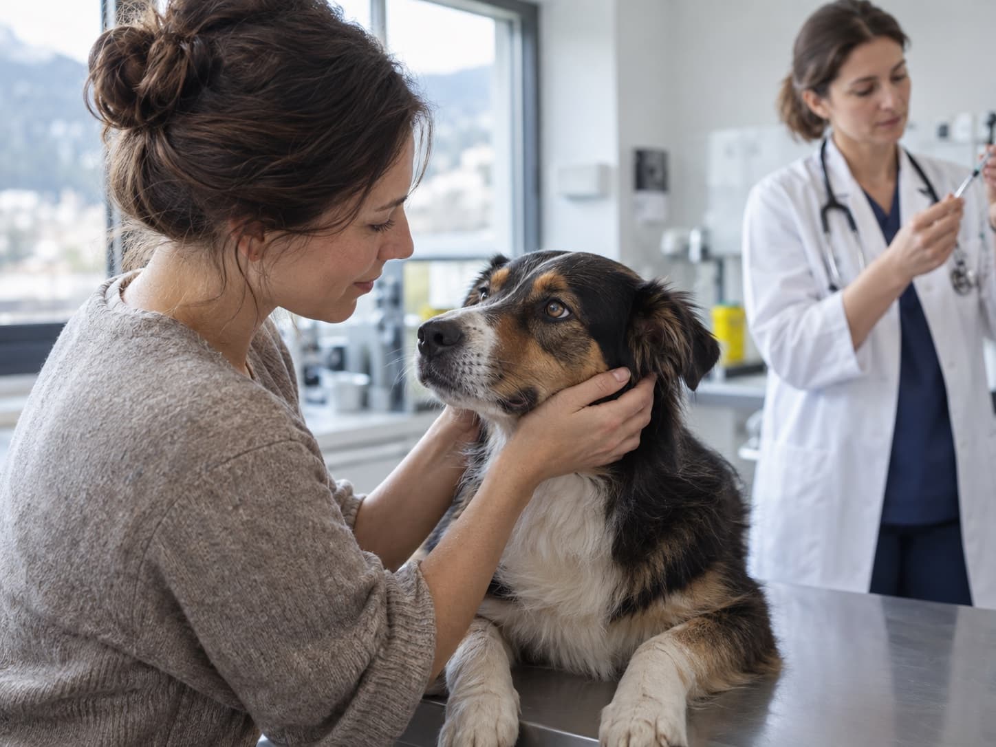 Une femme tient la tête de son chien pendant qu’un vétérinaire prépare une injection