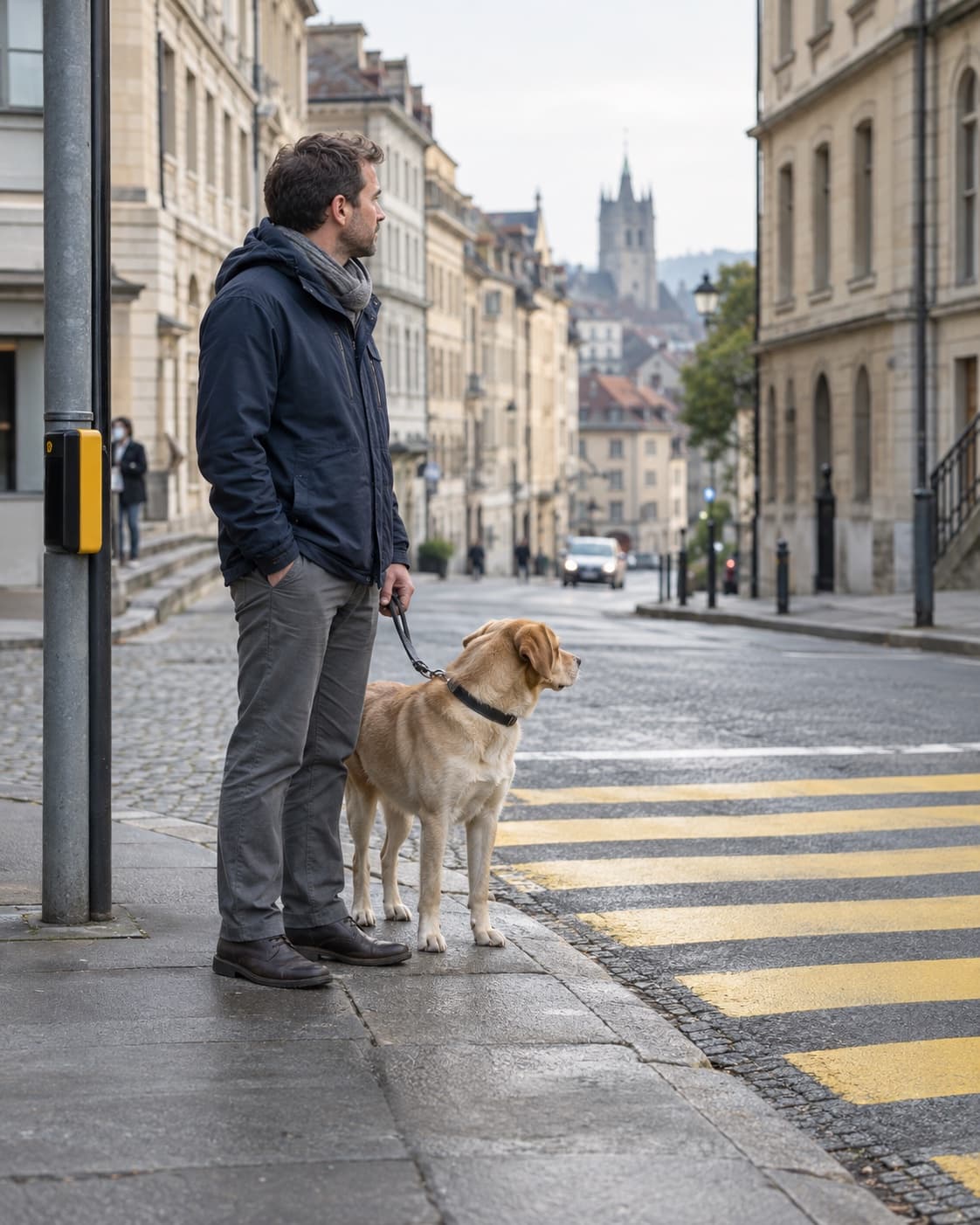 Un homme tient son chien en laisse à un passage piéton d’une rue de ville