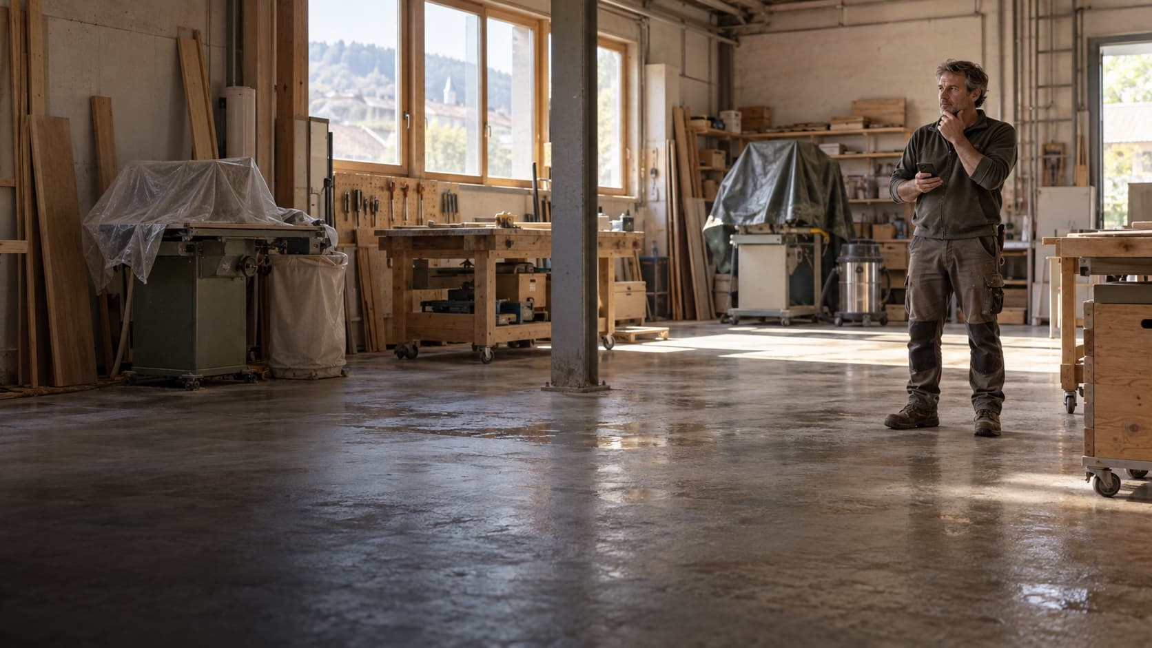 Un patron de menuiserie debout dans son atelier vidé après un dégât d’eau, un téléphone à la main.