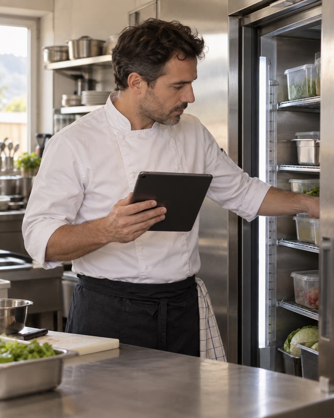 Un restaurateur inspecte la chambre froide de sa cuisine, une tablette à la main.