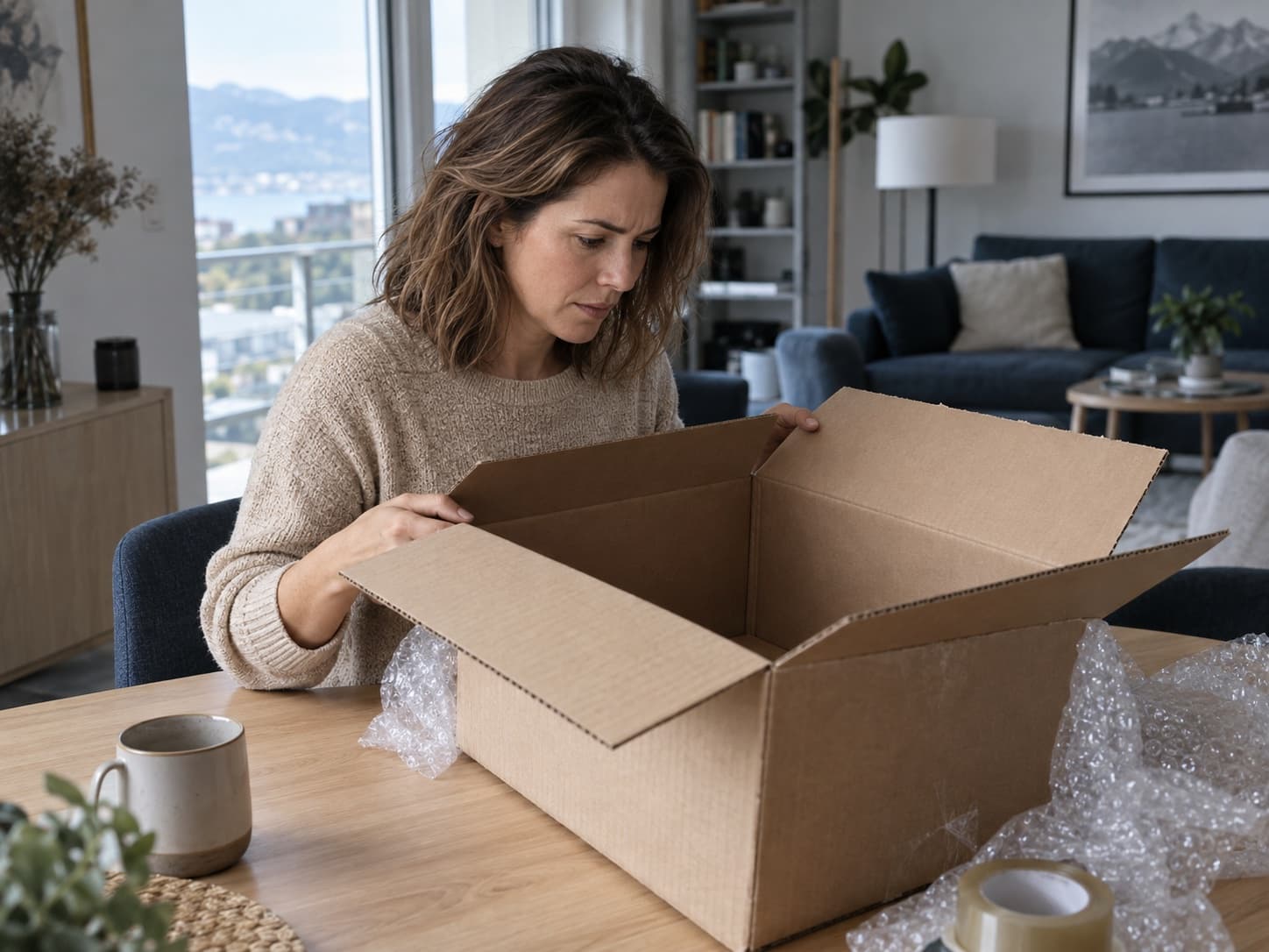 Une femme ouvre un carton vide sur une table de cuisine, l’air perplexe