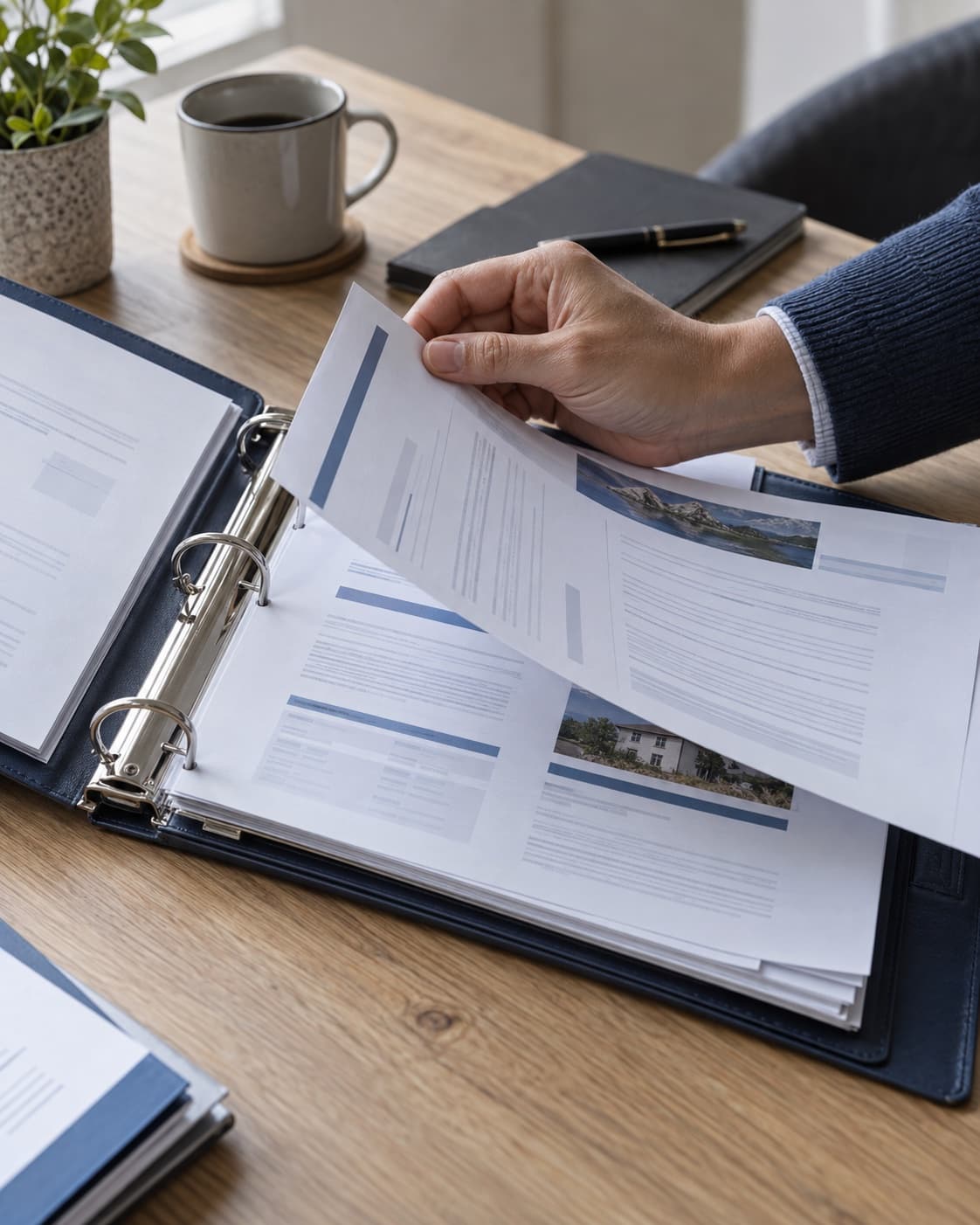 Un classeur ouvert sur une table, plusieurs polices d’assurance, une main qui feuillette