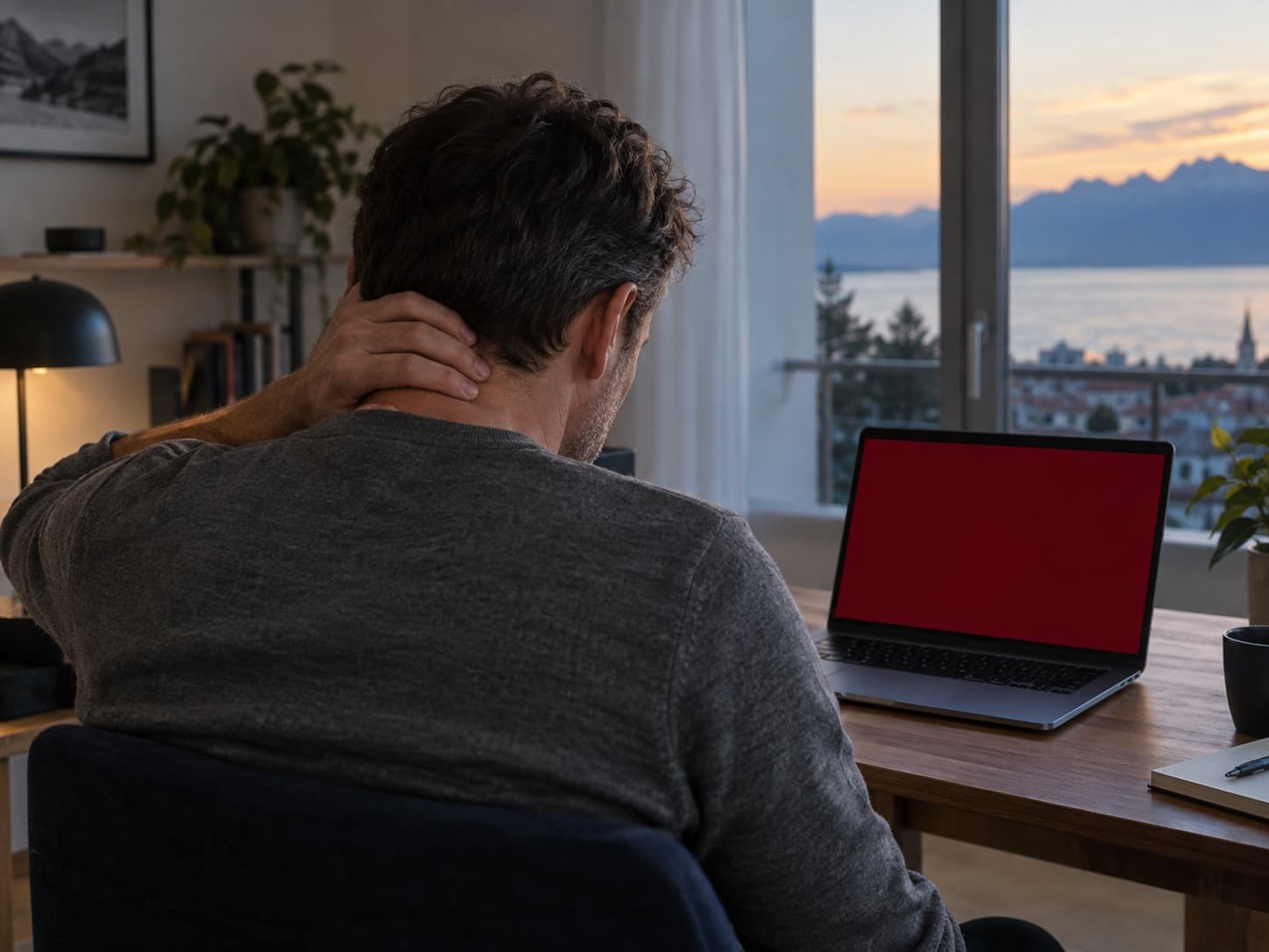 Un ordinateur portable affiche un écran d’avertissement sur un bureau, une personne de dos se tient la nuque
