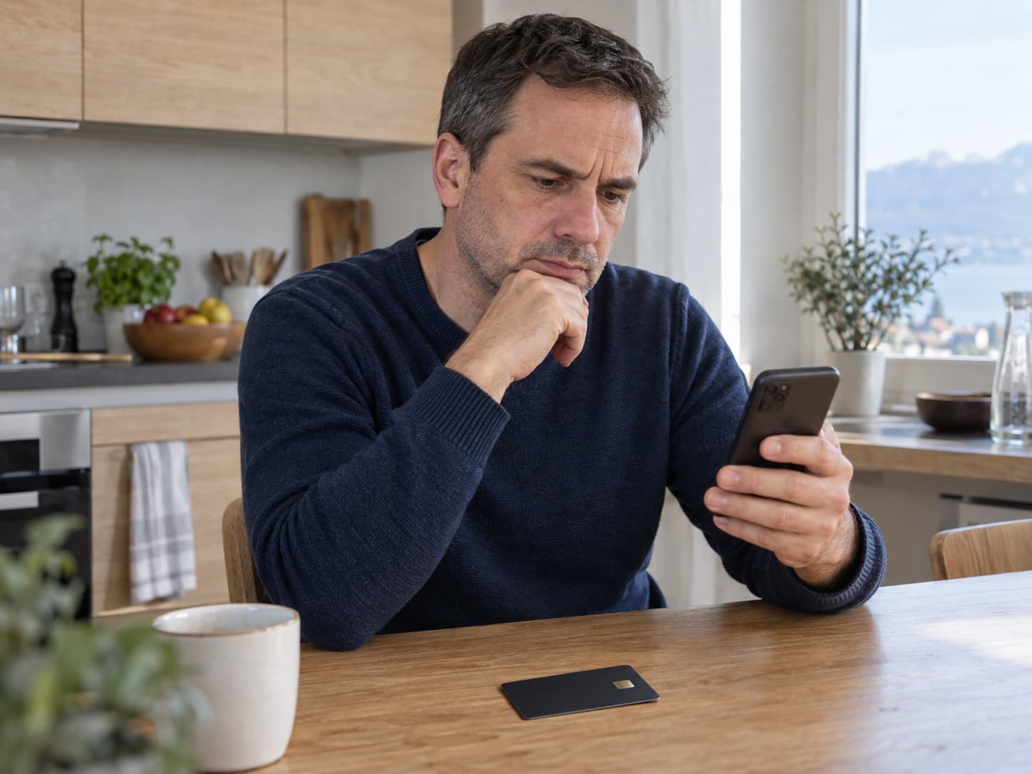 Un homme assis à une table regarde l’écran de son téléphone, une carte bancaire posée devant lui