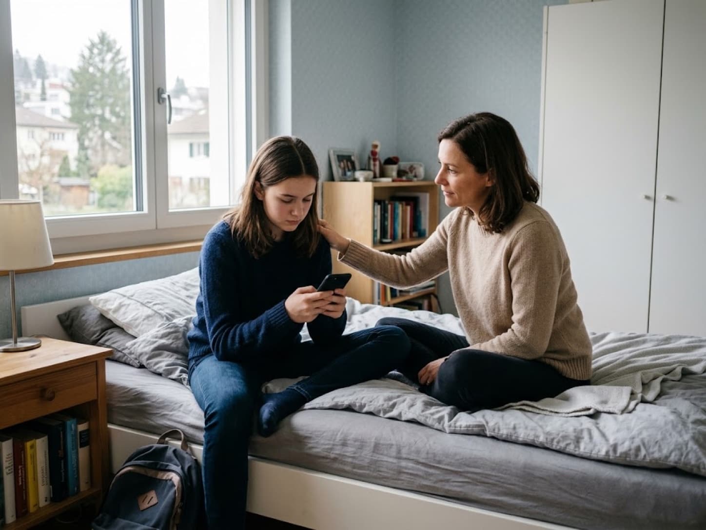 Une adolescente assise sur son lit regarde son téléphone, sa mère assise à côté d’elle
