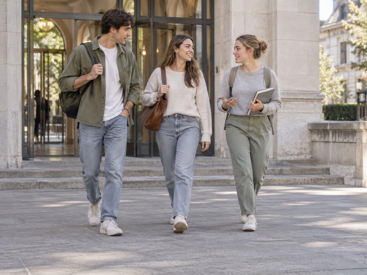 Une jeune femme sort d’un bâtiment universitaire, un sac sur l’épaule, entre deux autres étudiants qui parlent.