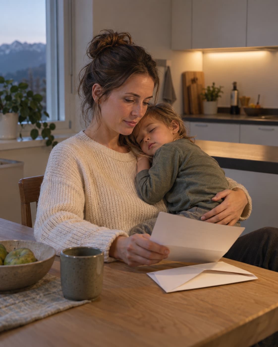 Une femme assise à la table de la cuisine, le soir, un courrier ouvert devant elle et un enfant endormi contre son épaule.