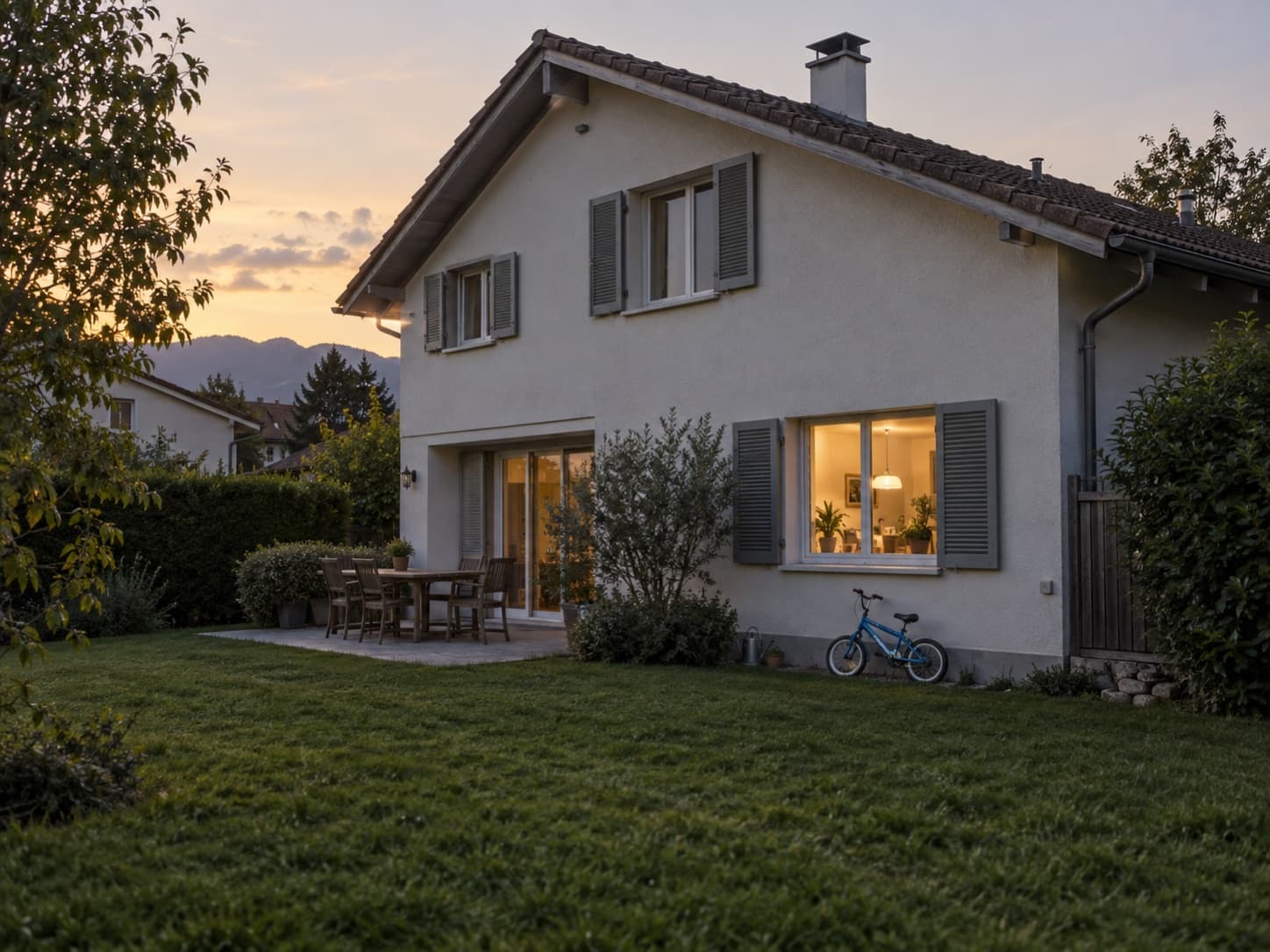 Une maison familiale vue depuis le jardin en fin de journée, une fenêtre allumée au rez-de-chaussée, un vélo d’enfant contre le mur.