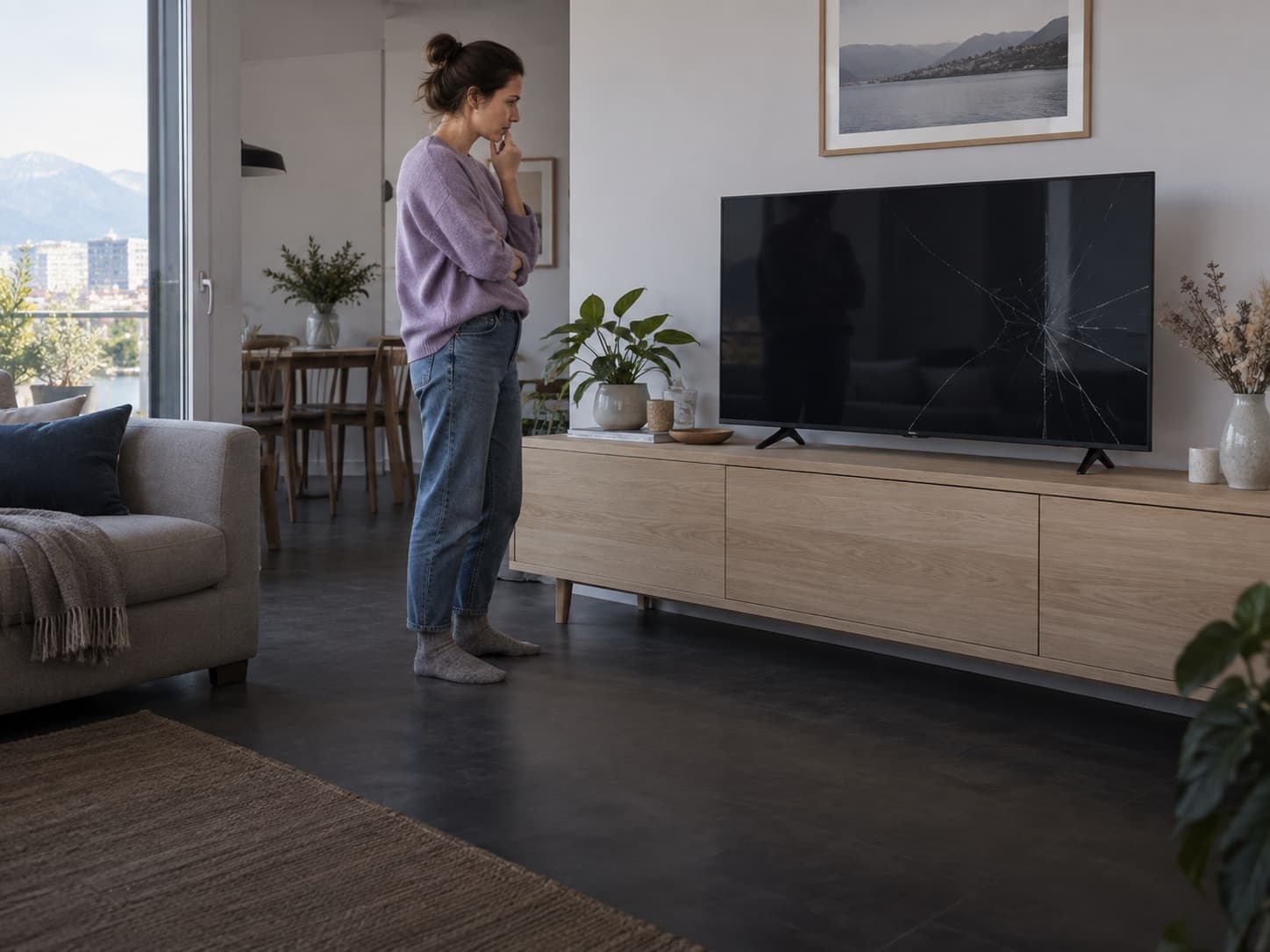 Une femme de profil observe l’écran fendu d’un téléviseur posé sur un meuble en bois clair.