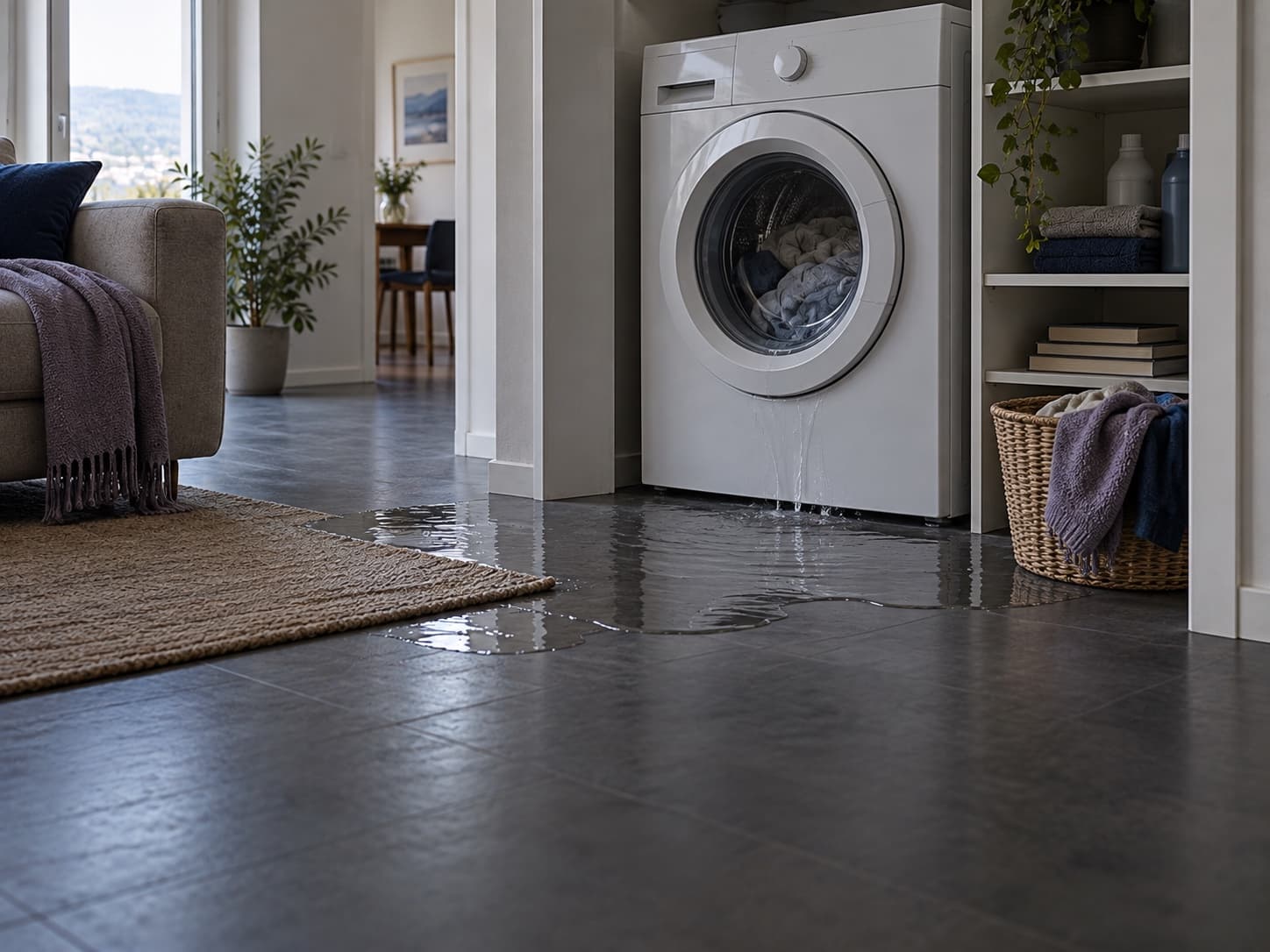 De l’eau s’écoule d’une machine à laver et forme une flaque au bord d’un tapis, près d’un panier de linge et de livres rangés sur une étagère basse.