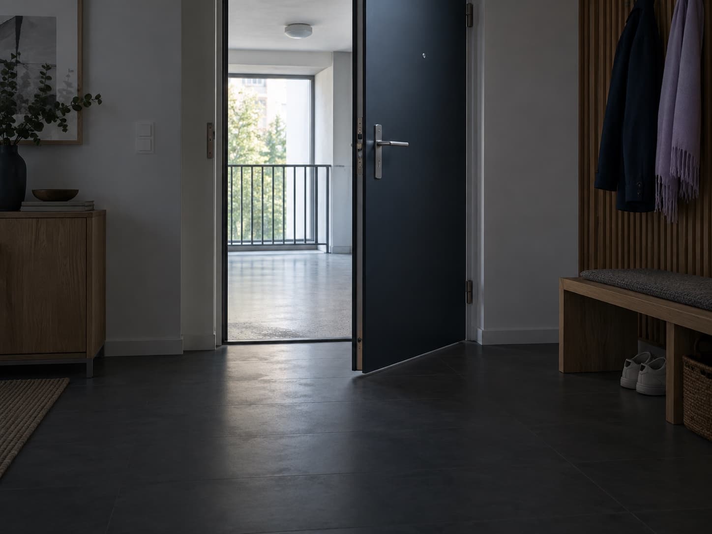 Vue depuis l’entrée d’un appartement sur une porte entrouverte donnant sur un palier vide éclairé par une fenêtre.