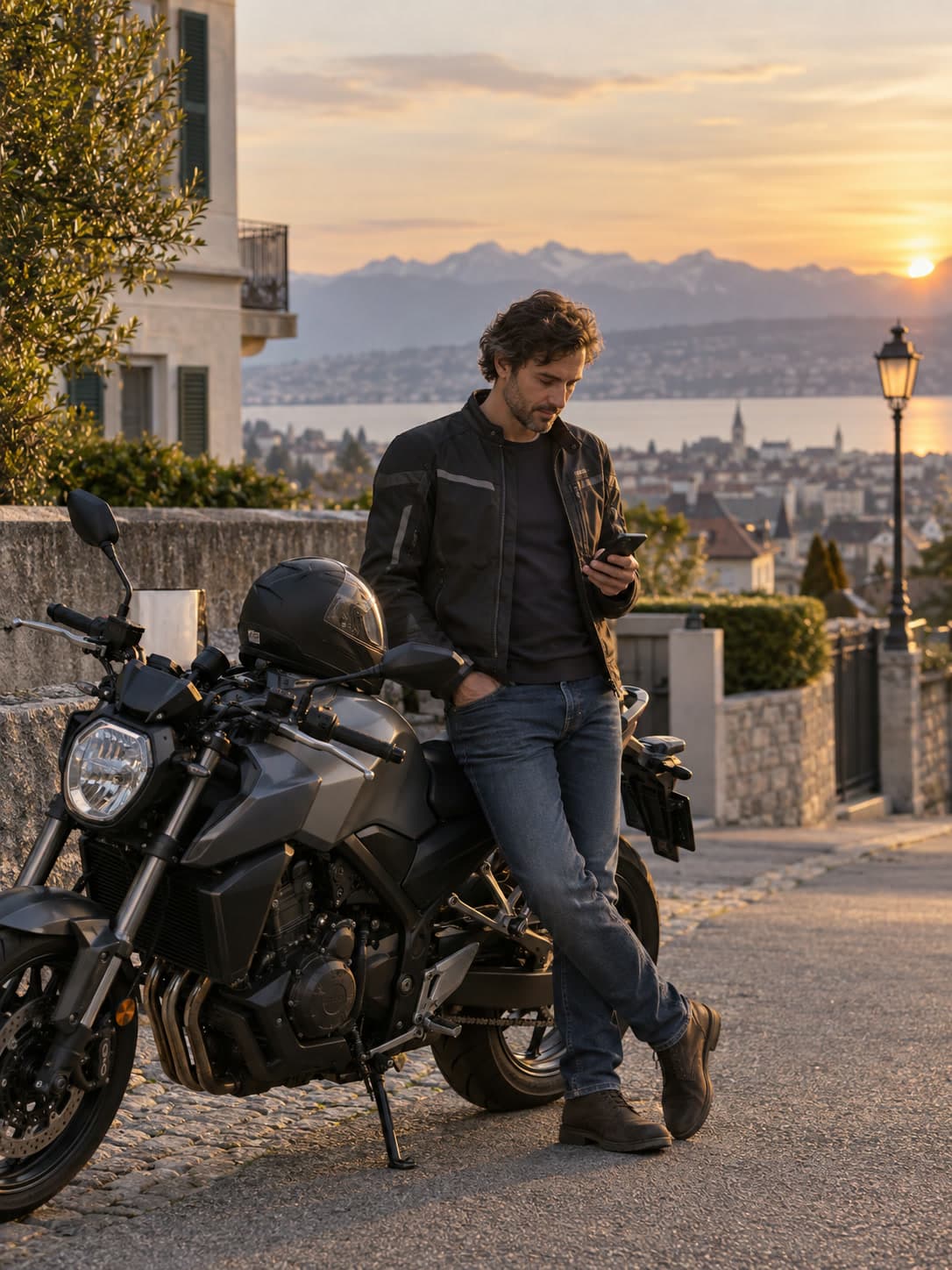 Motard consultant son téléphone près d’une moto stationnée