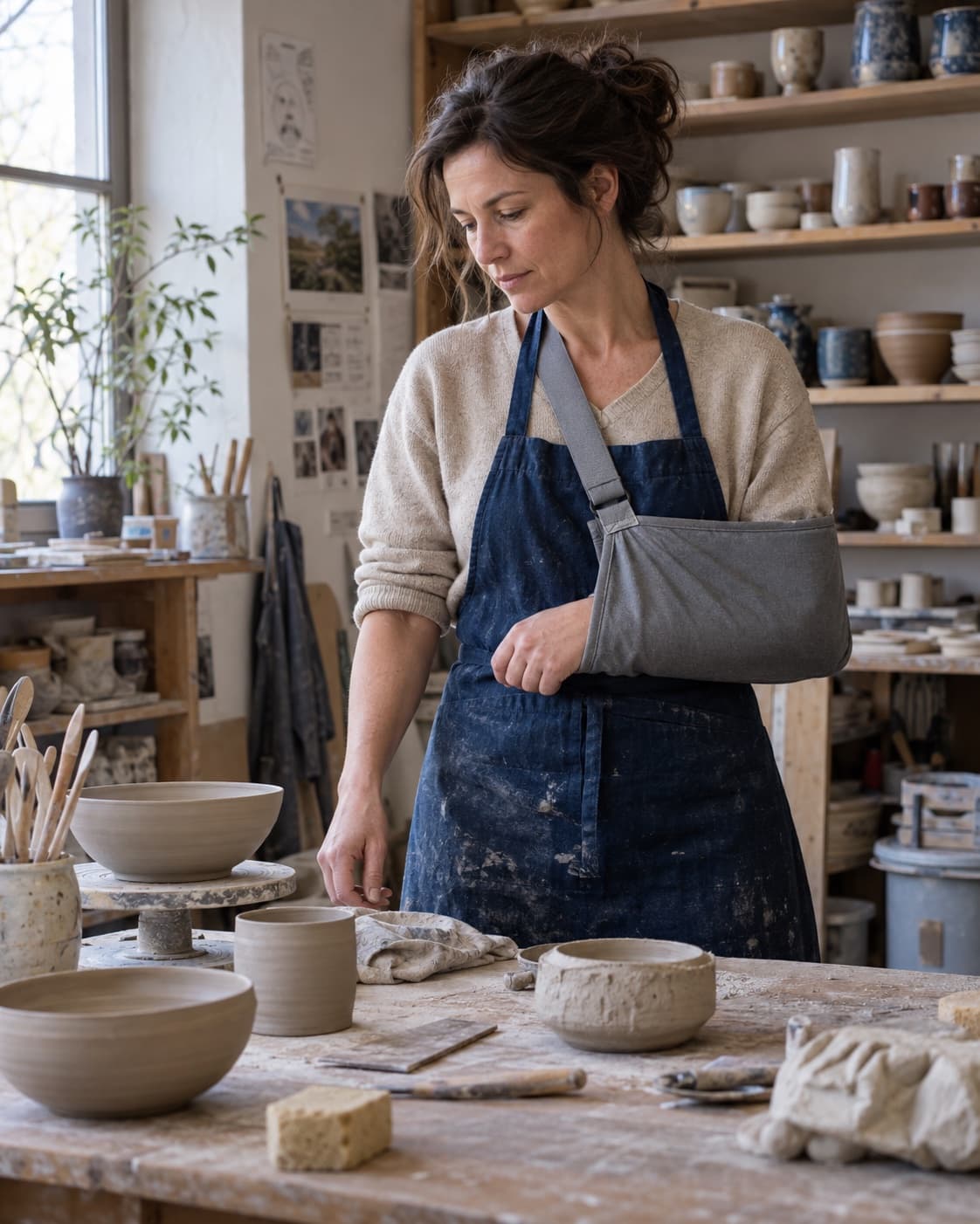 Une artisane dans son atelier, un bras en écharpe, regarde son plan de travail encombré