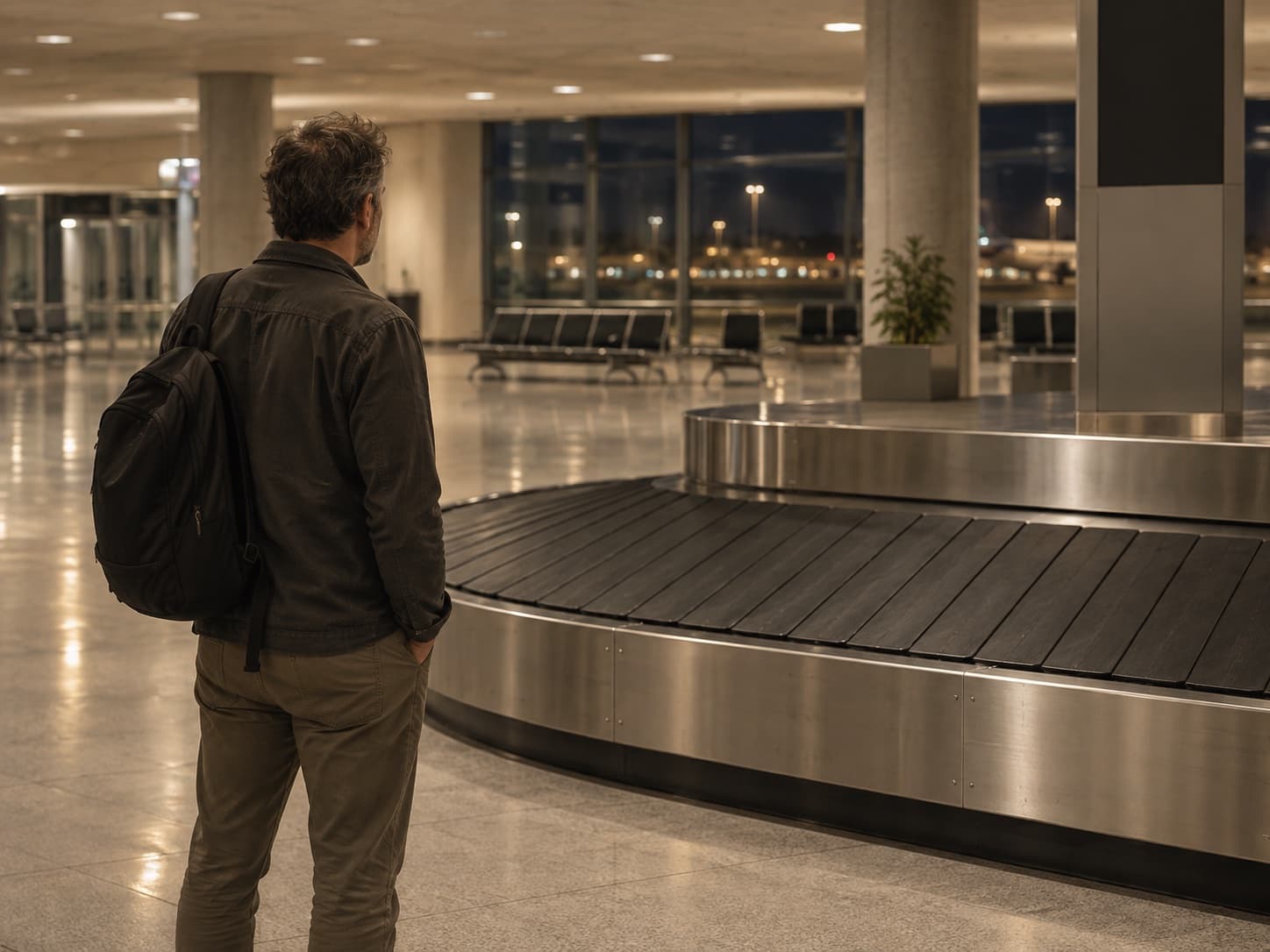 Un homme seul attend devant un tapis à bagages vide dans un aéroport, en fin de soirée