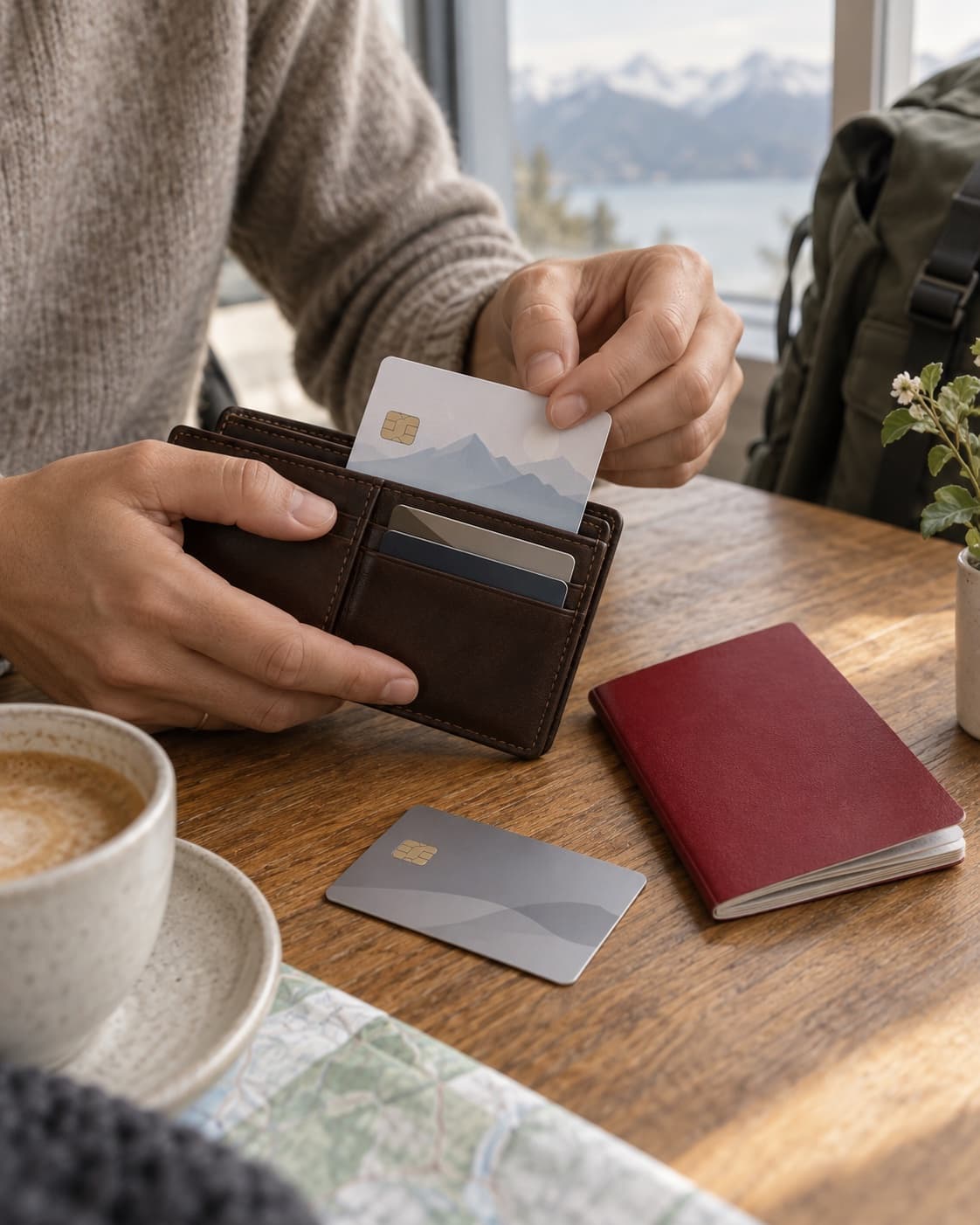 Des mains sortent d’un portefeuille une carte d’assurance maladie, à côté d’un passeport et d’une carte de crédit posés sur une table