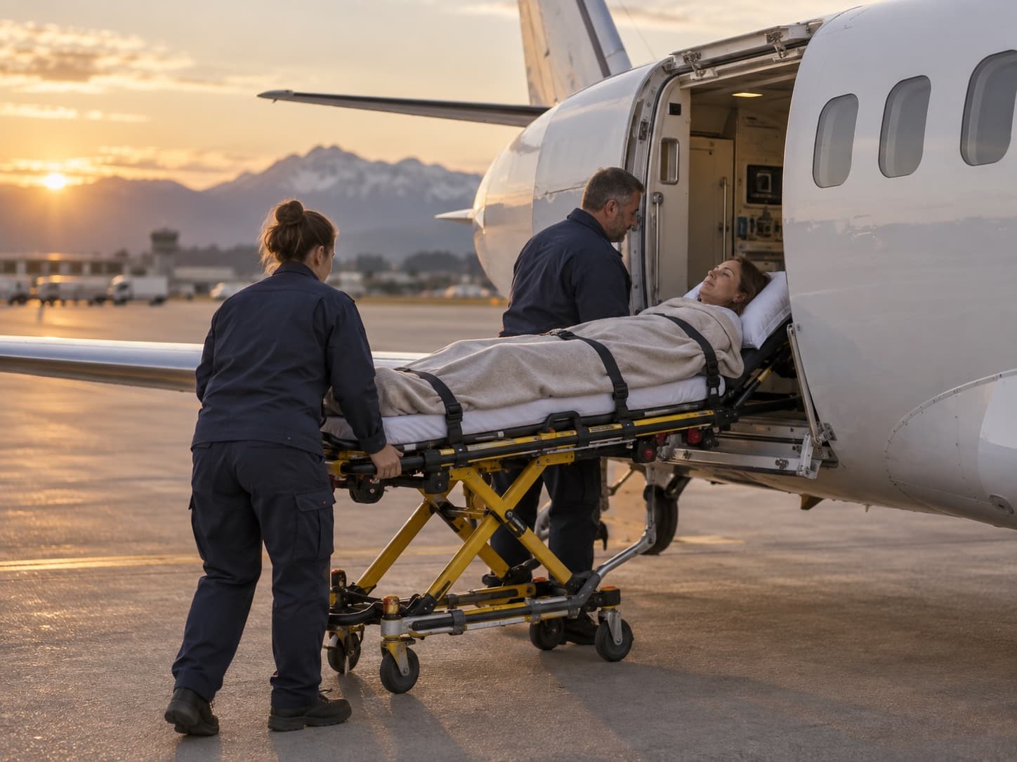 Une patiente sur une civière est installée dans un petit avion sanitaire par deux soignants, sur le tarmac