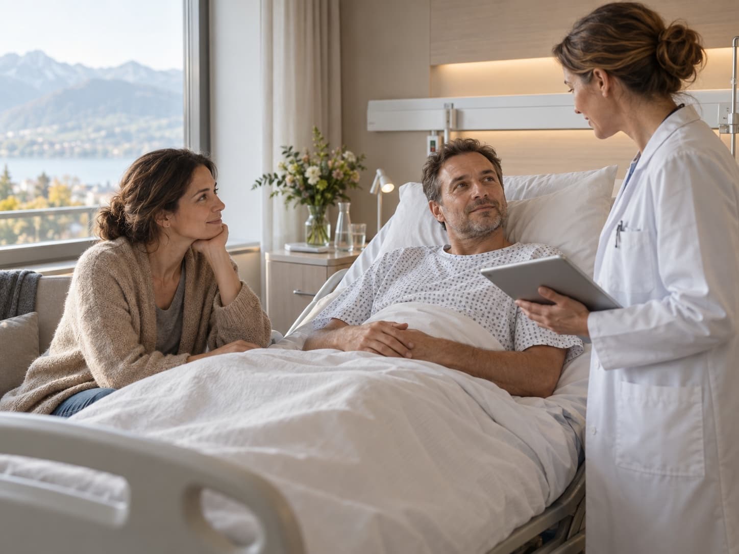 Un homme allongé dans un lit d’hôpital parle avec une médecin, sa compagne assise à côté de lui