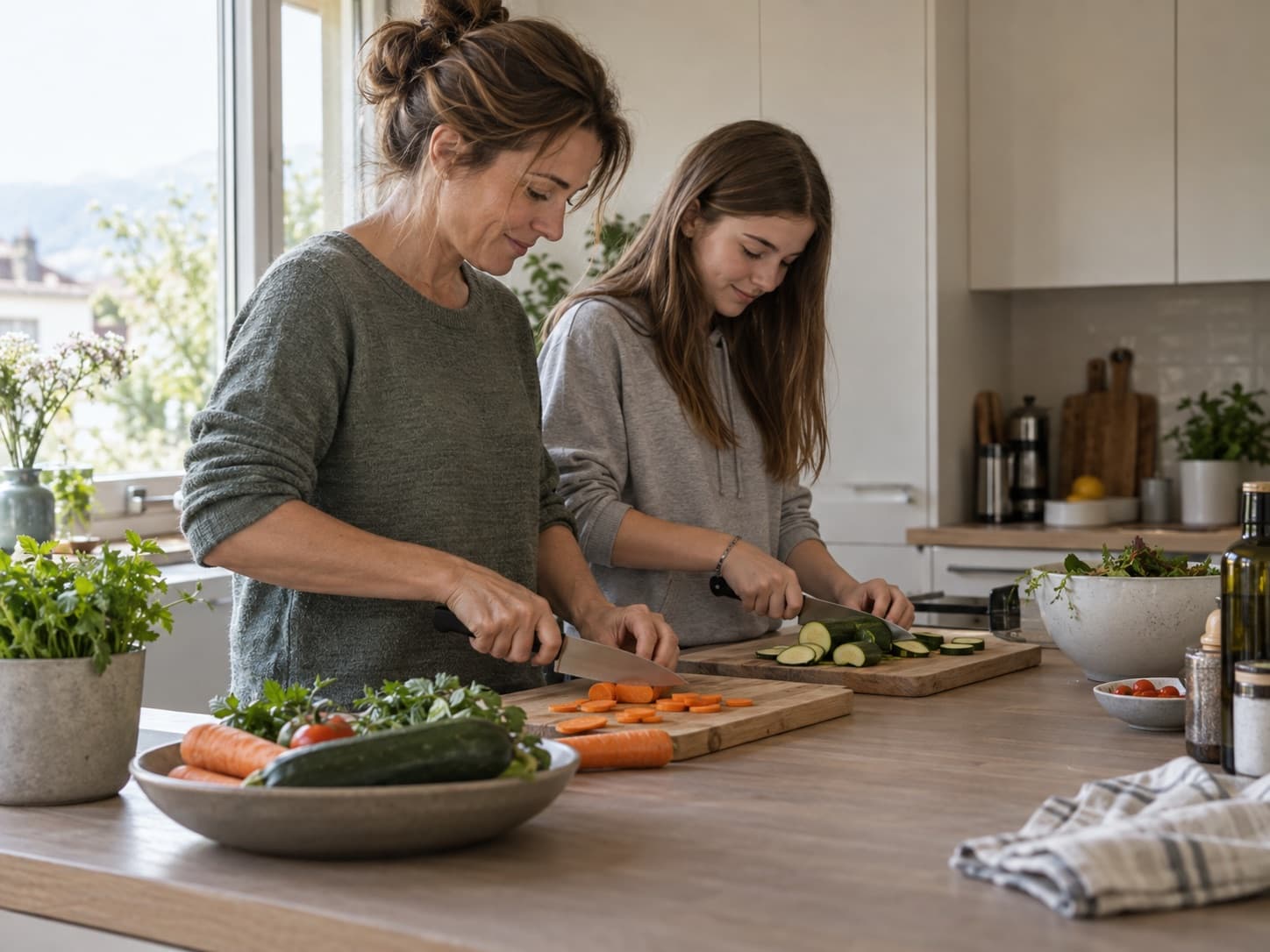 Une mère et sa fille adolescente préparent le repas côte à côte dans une cuisine claire, vues de côté.