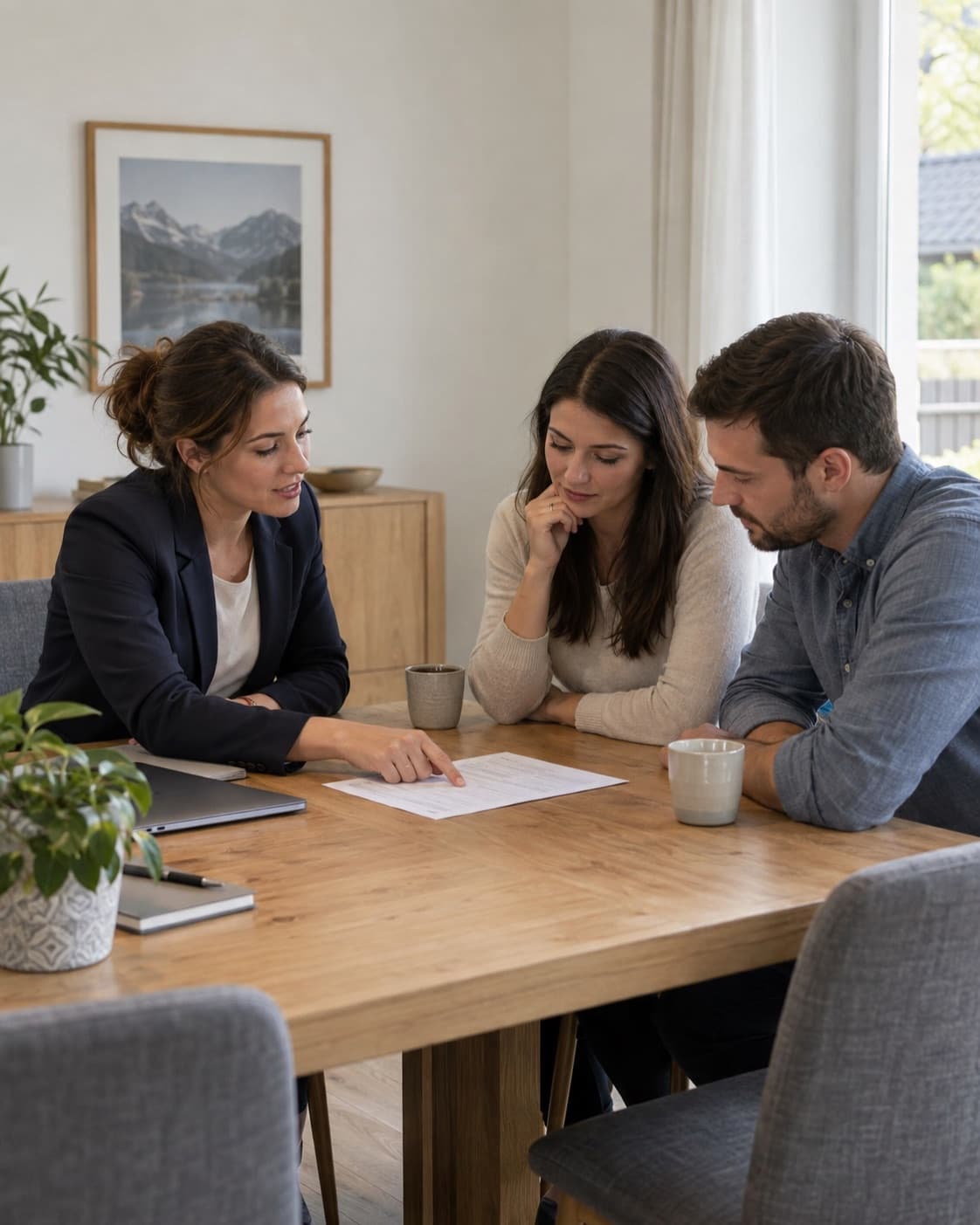 Une conseillère et un couple assis autour d’une table, une feuille avec quelques colonnes de chiffres entre eux, vus de côté.